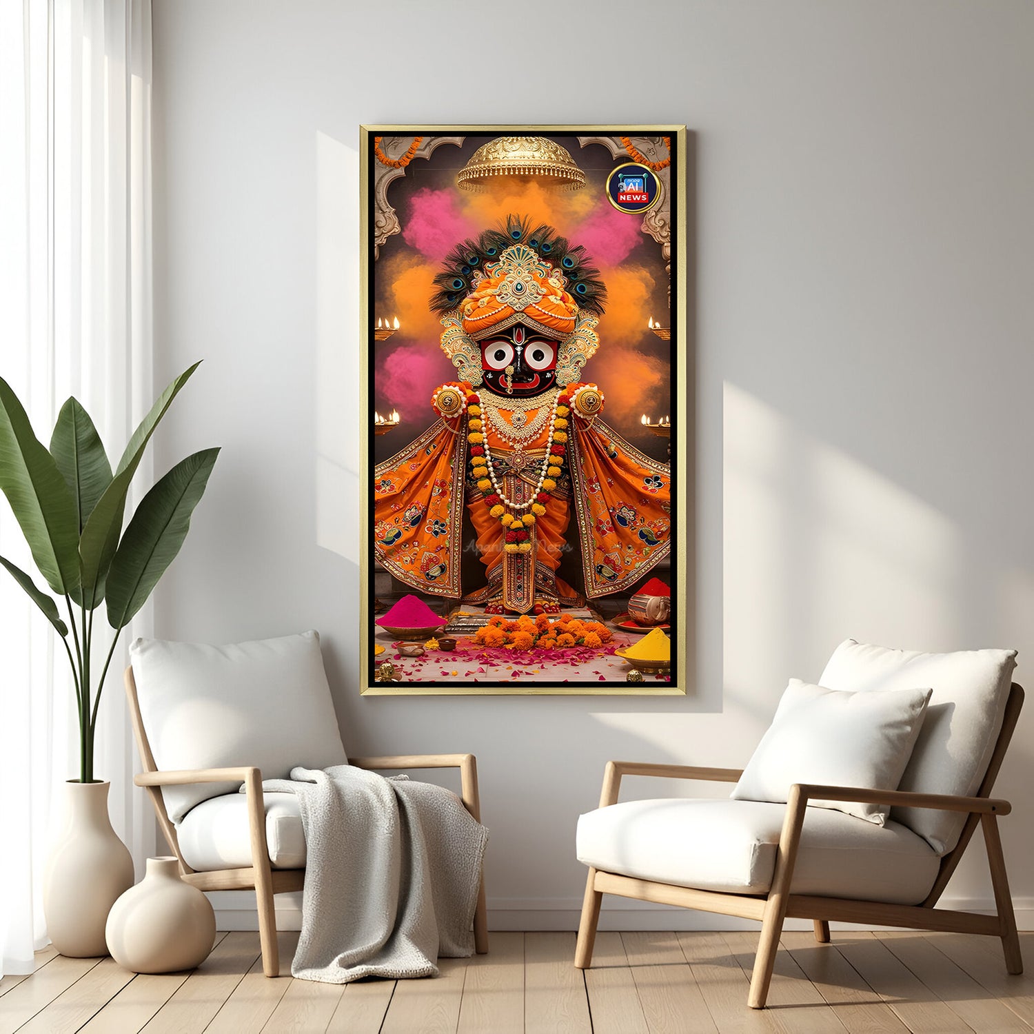 Regal Jagannath vertical artwork in golden floater frame with peacock feather crown and illuminated festive background.