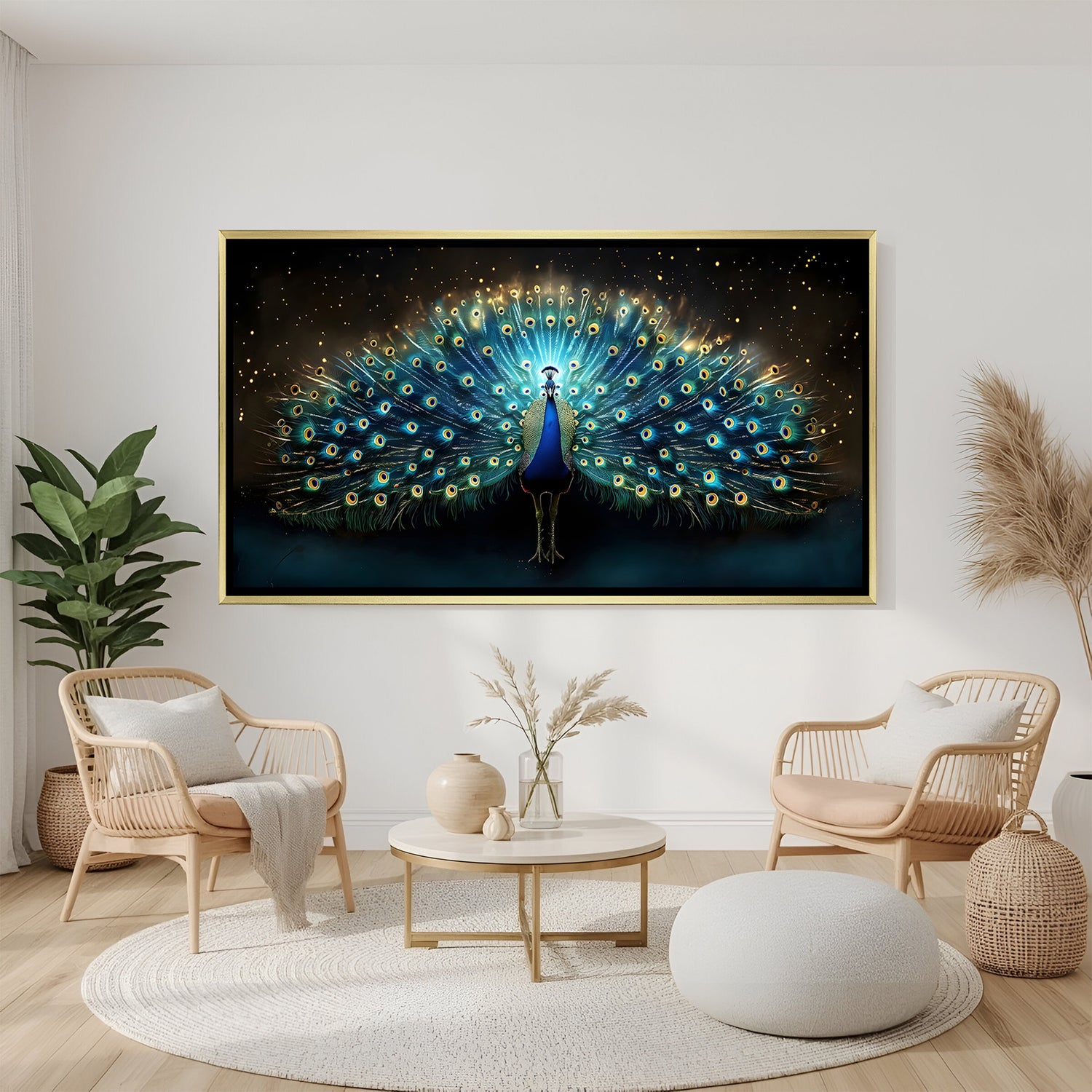 Majestic peacock wall art in gold frame adding luxury and drama to contemporary living room.