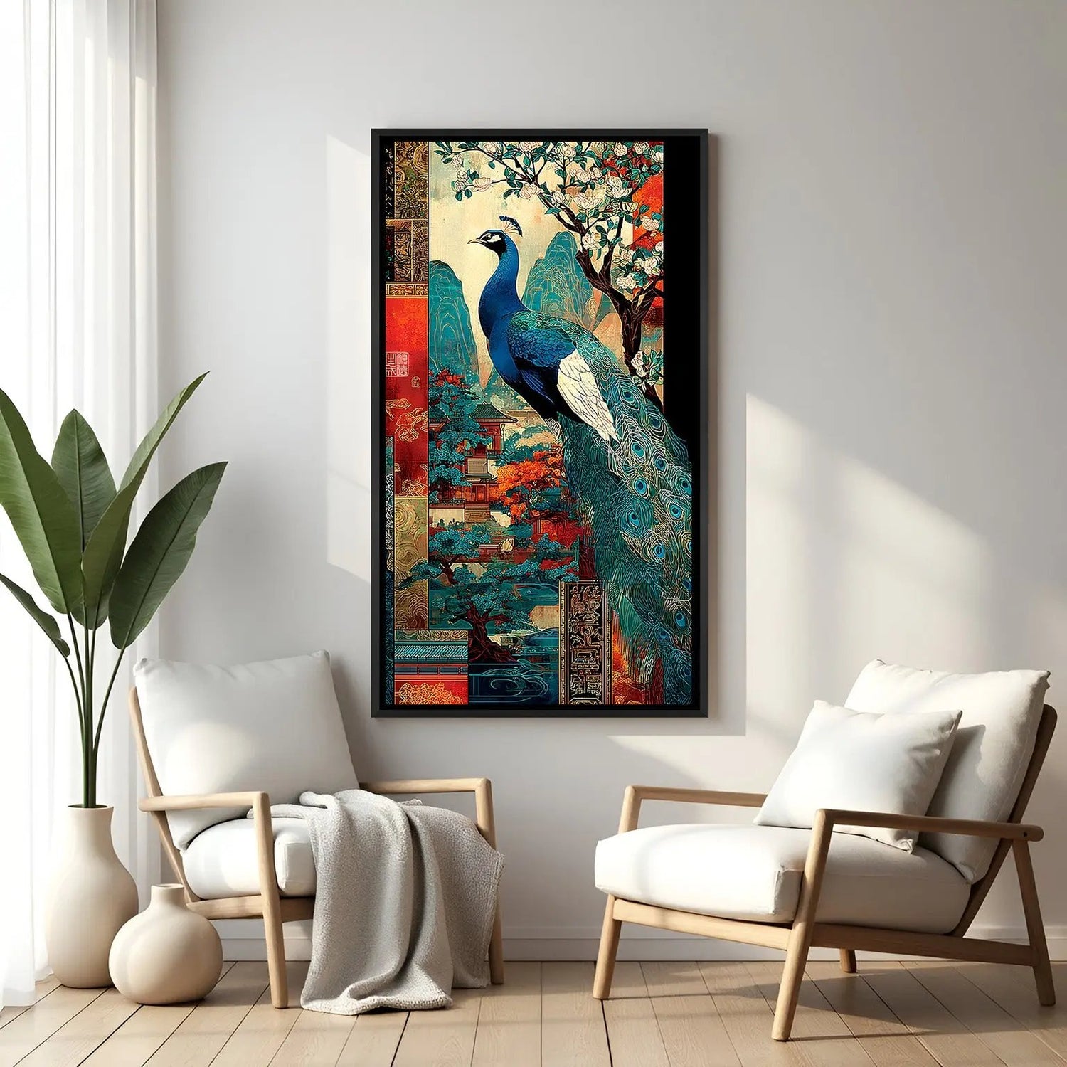 Royal peacock wall decor with intricate plumage design in elegant black floater frame