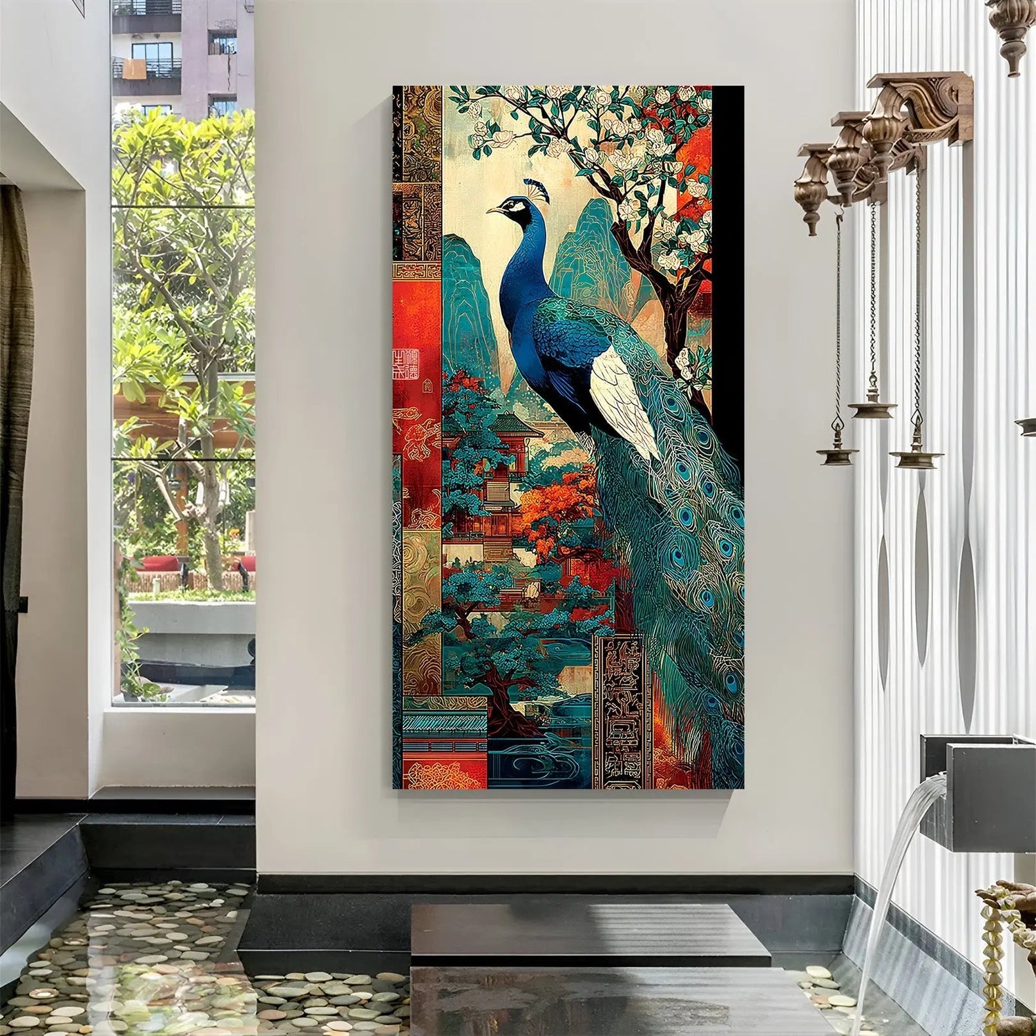 Majestic peacock artwork with elegant feather detailing in premium canvas wrapped frame