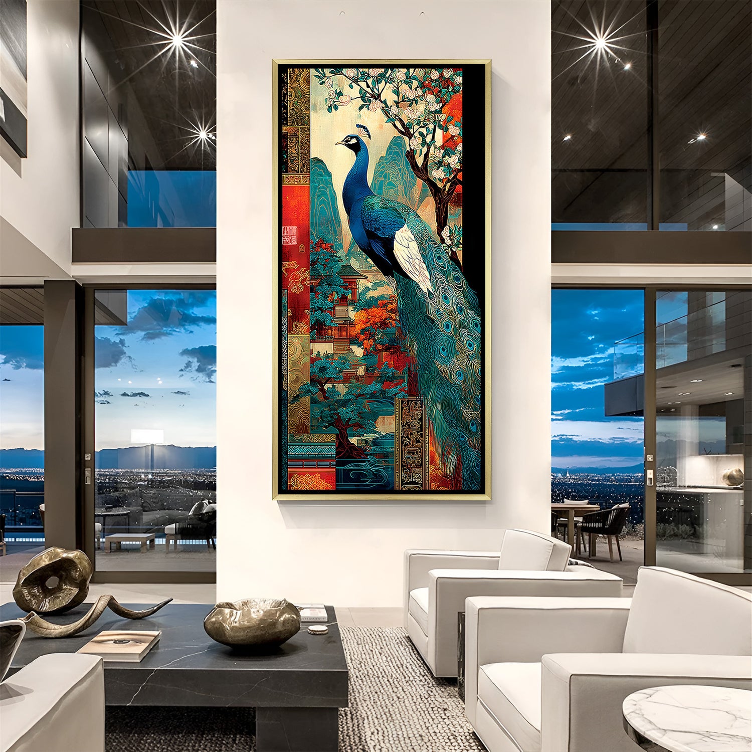 Regal Symphony Peacock artwork in luxury golden floater frame featuring graceful bird portrait