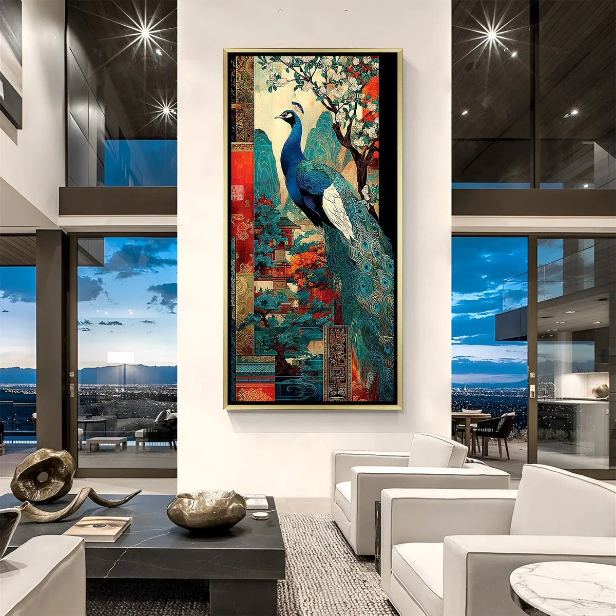 Regal Symphony Peacock artwork in luxury golden floater frame featuring graceful bird portrait