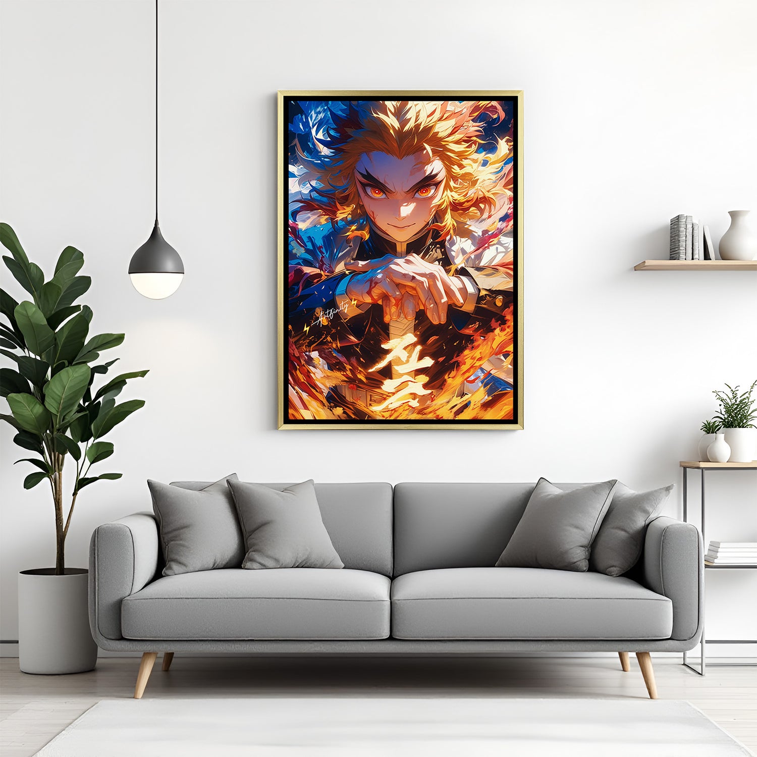 Golden floater frame Rengoku Demon Slayer canvas wall painting premium decor