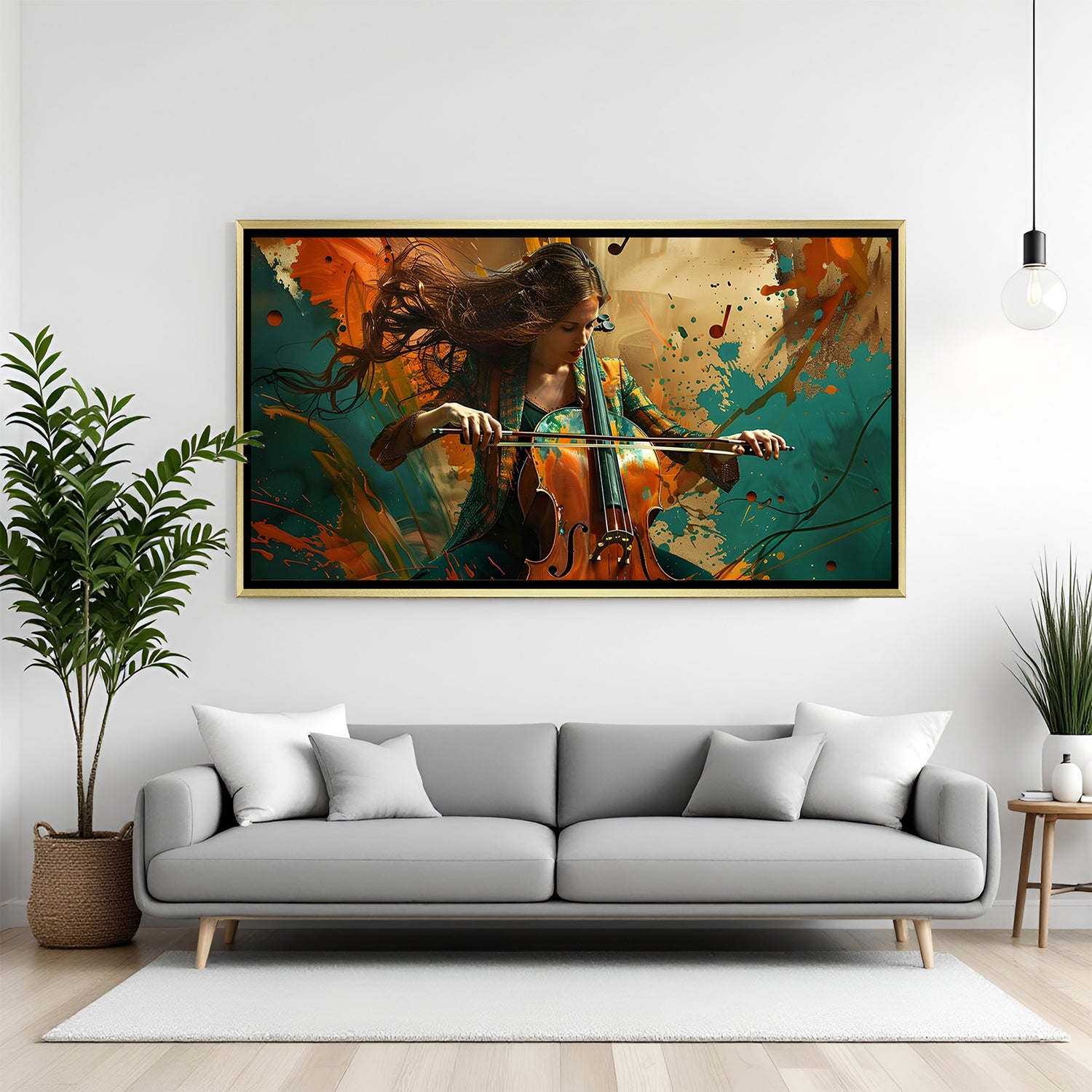 Luxury contemporary music wall art in gold floater frame showcasing dynamic cello performance with vibrant abstract background.