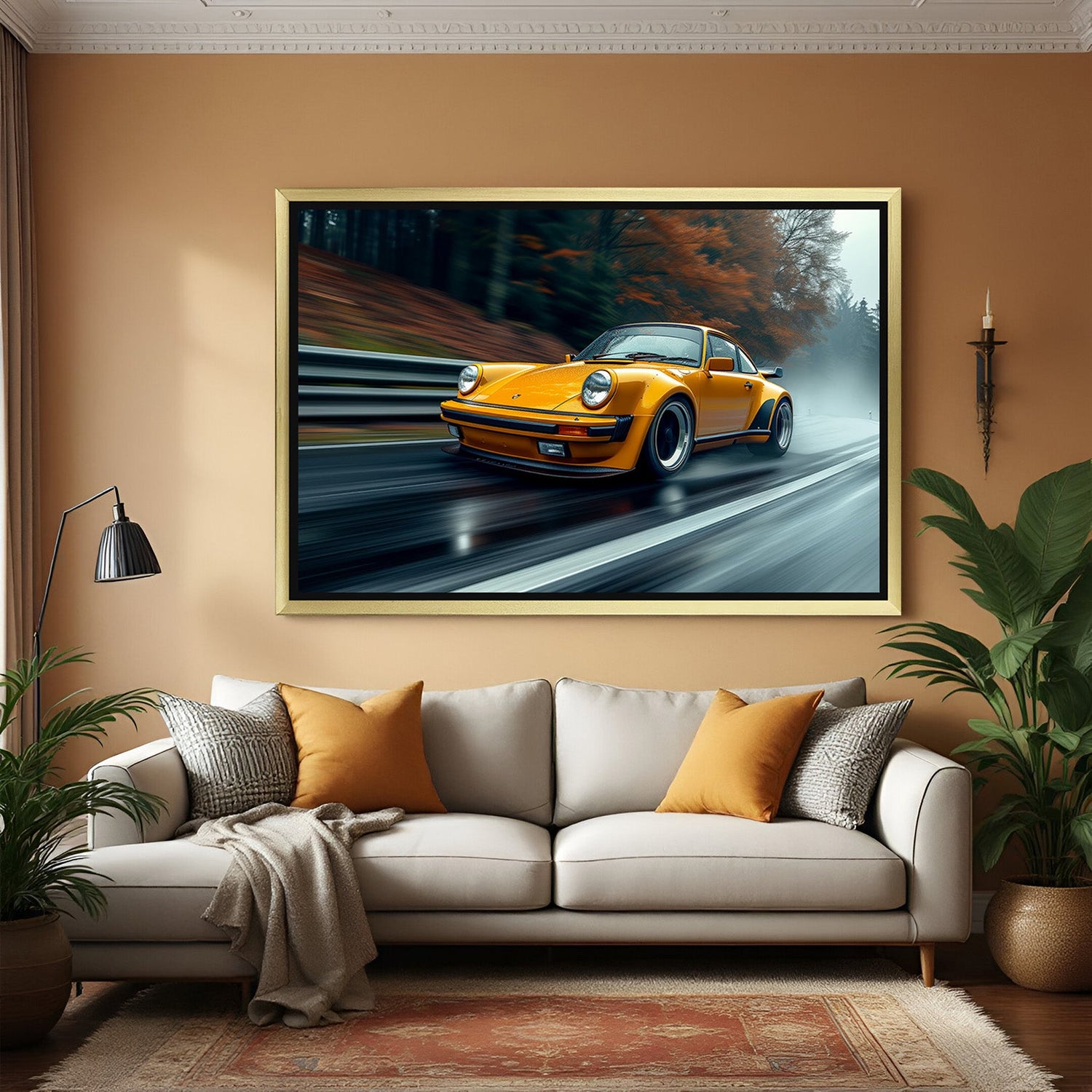 Golden frame vintage yellow car canvas print capturing retro aesthetics and motion for stylish automotive wall decor