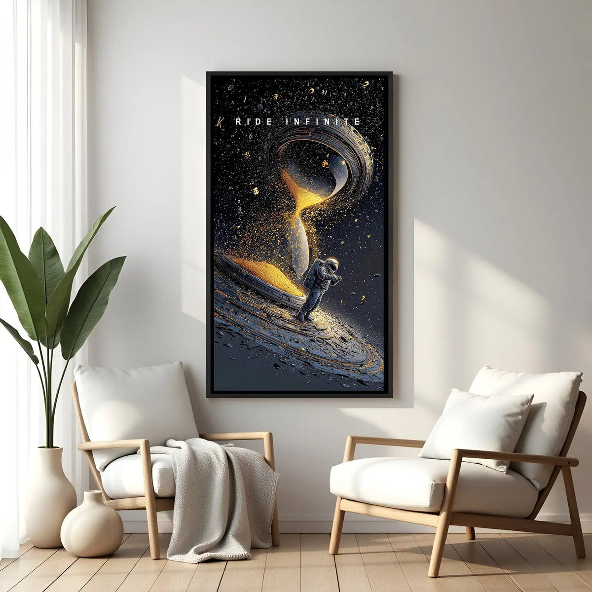 Space motivational wall art with Ride Infinite quote in elegant black floater frame modern cosmic interior decor