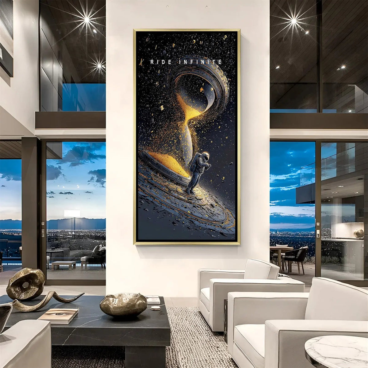 Luxury Ride Infinite space canvas artwork in golden floater frame with cinematic galaxy motivational theme