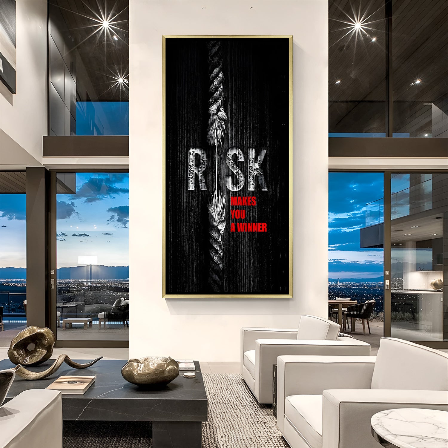 Risk Creates Winners canvas wall art in luxury golden floater frame featuring inspirational quote typography