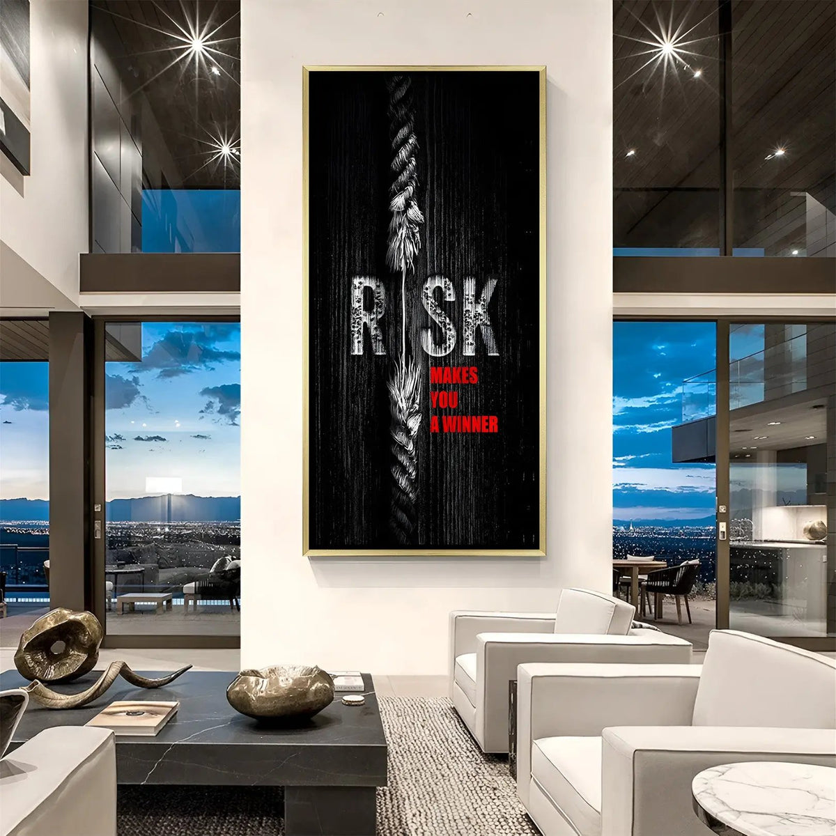 Risk Creates Winners canvas wall art in luxury golden floater frame featuring inspirational quote typography