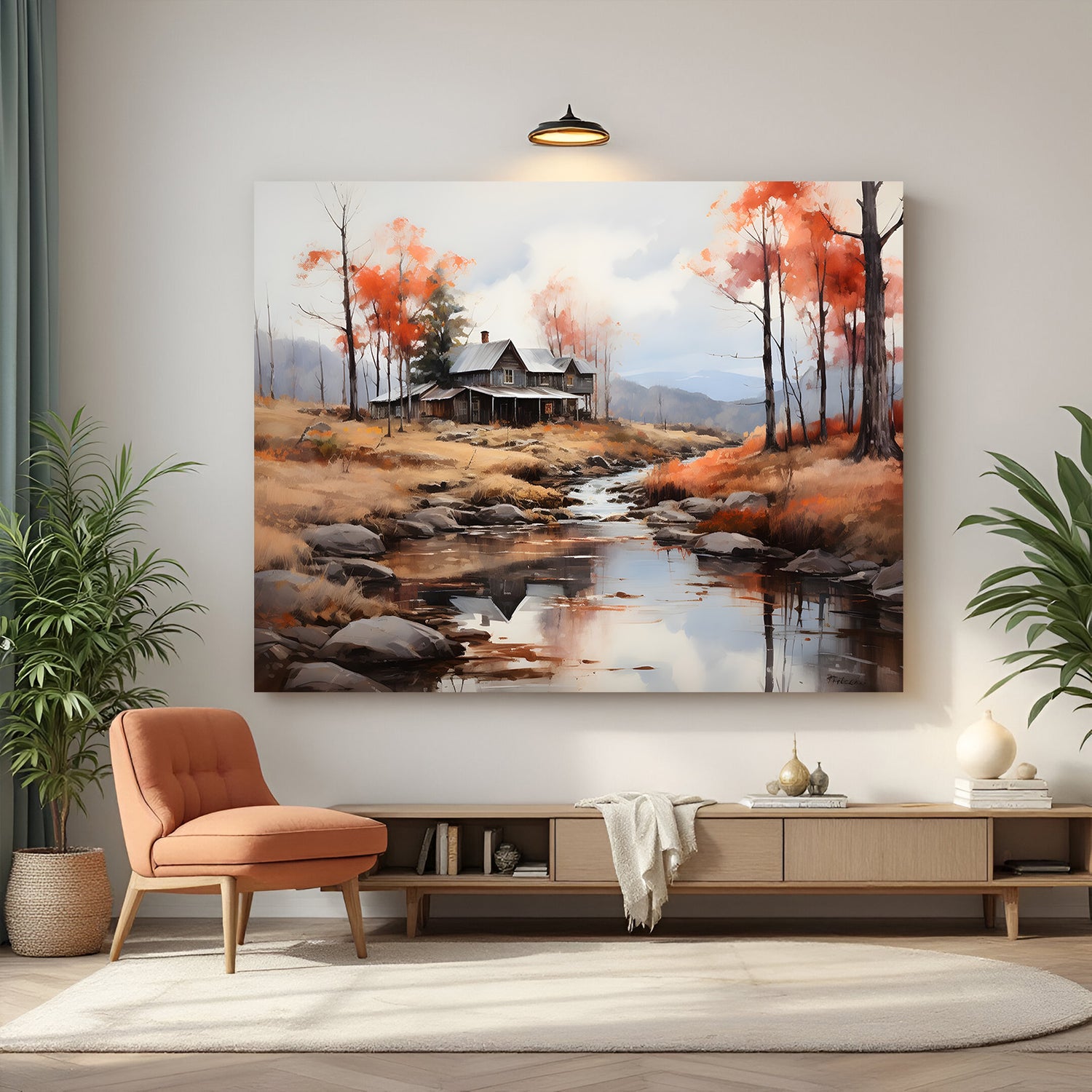 Vintage canvas wall art of river, house, trees, and nature in painted style—peaceful landscape for classic home decor