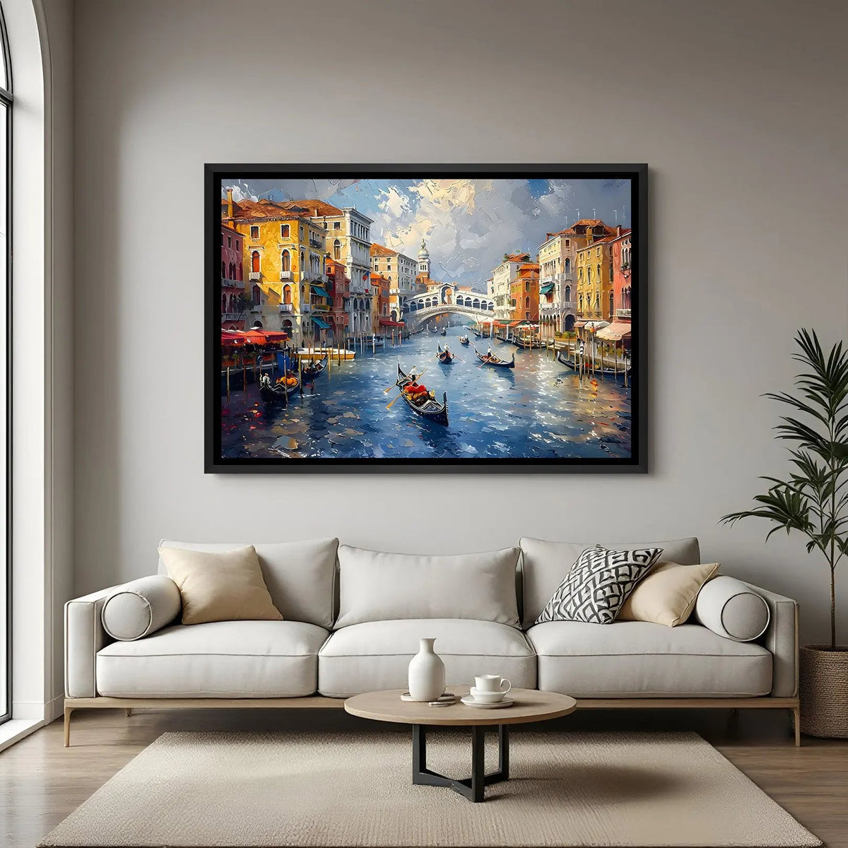 Modern city and river artwork with boat in elegant black floater frame featuring contemporary urban scenery