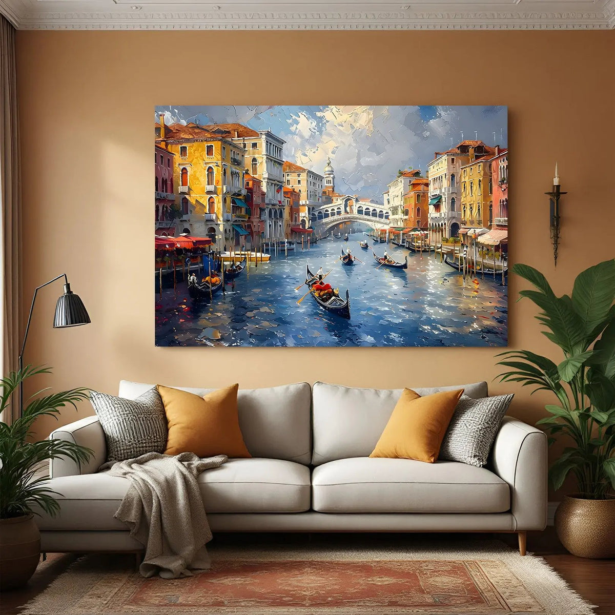 Riverside Metropolis modern wall decor featuring a city skyline, river, and boat in premium canvas wrapped frame