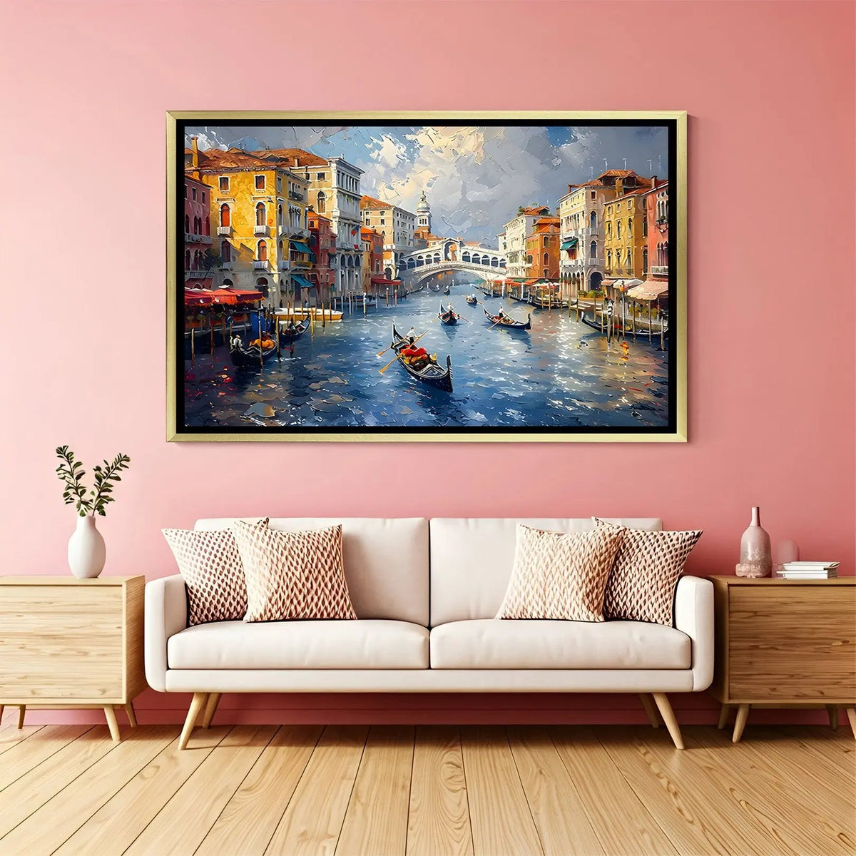 Riverside Metropolis modern wall decor in luxury golden floater frame showcasing a city skyline with river reflections and boat
