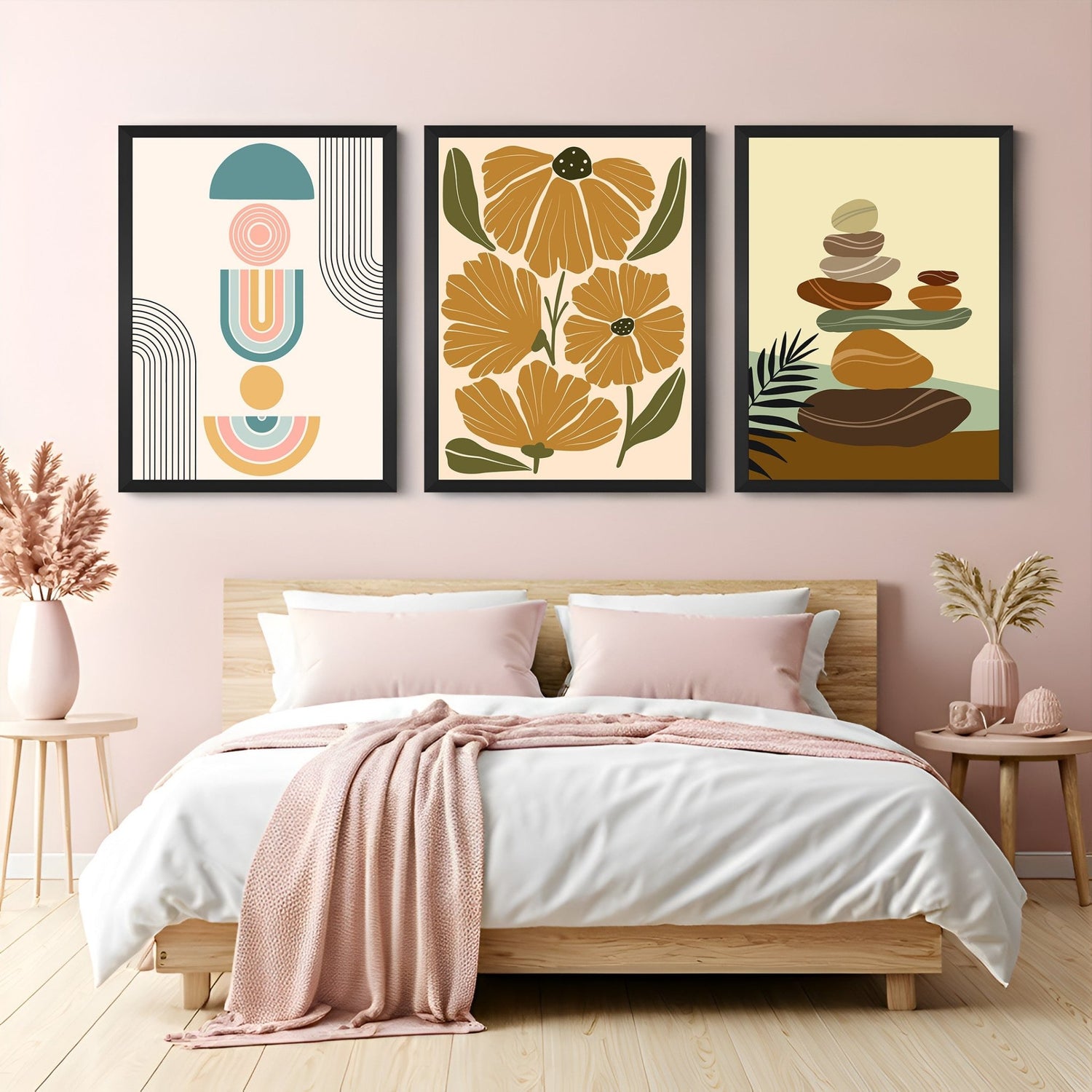 Boho wall art trio including abstract minimal art, flower illustration, and rock balancing – perfect for tranquil and nature-loving interiors