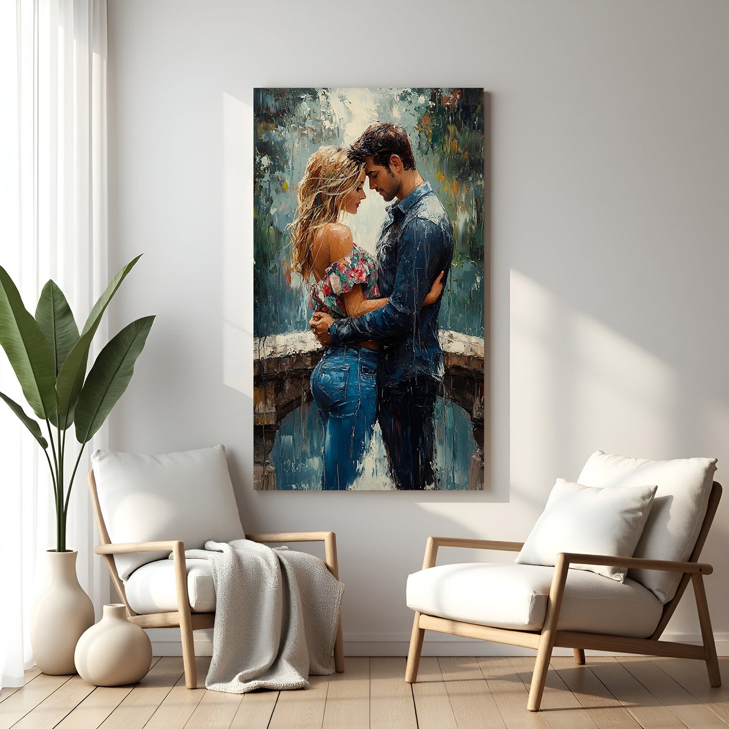 Romantic couple embrace canvas wall art wrapped on a stretcher frame displayed in modern living room