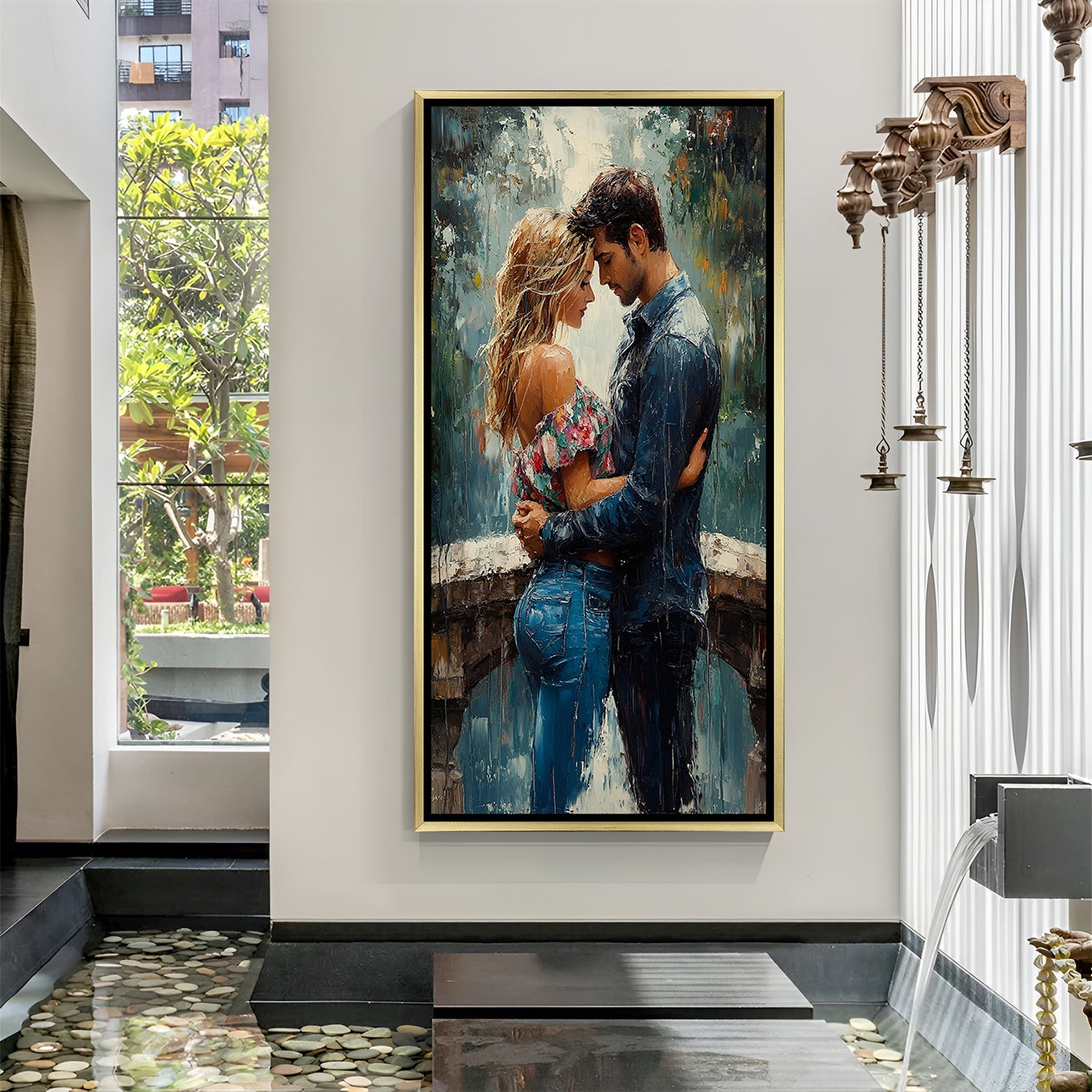 Romantic couple embrace canvas wall art in golden floater frame showcasing luxury wall decor