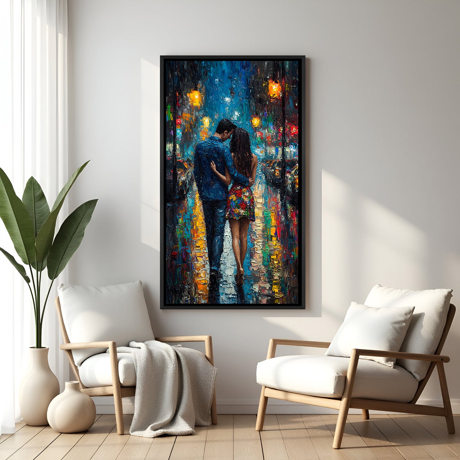 Romantic rain walk wall painting in sleek black floater frame for elegant home decor