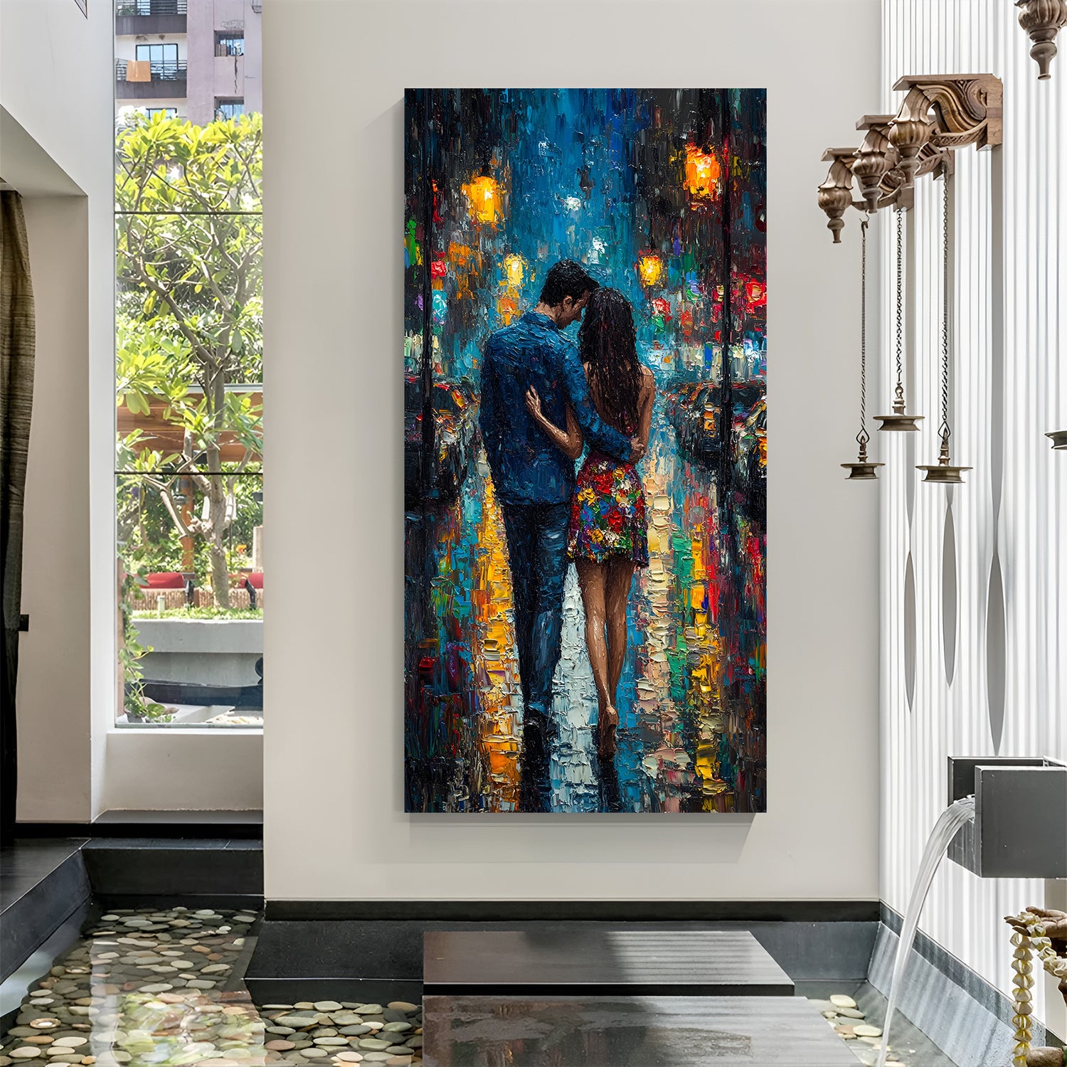 Romantic rain walk canvas wall art wrapped on stretcher frame displayed in modern living room