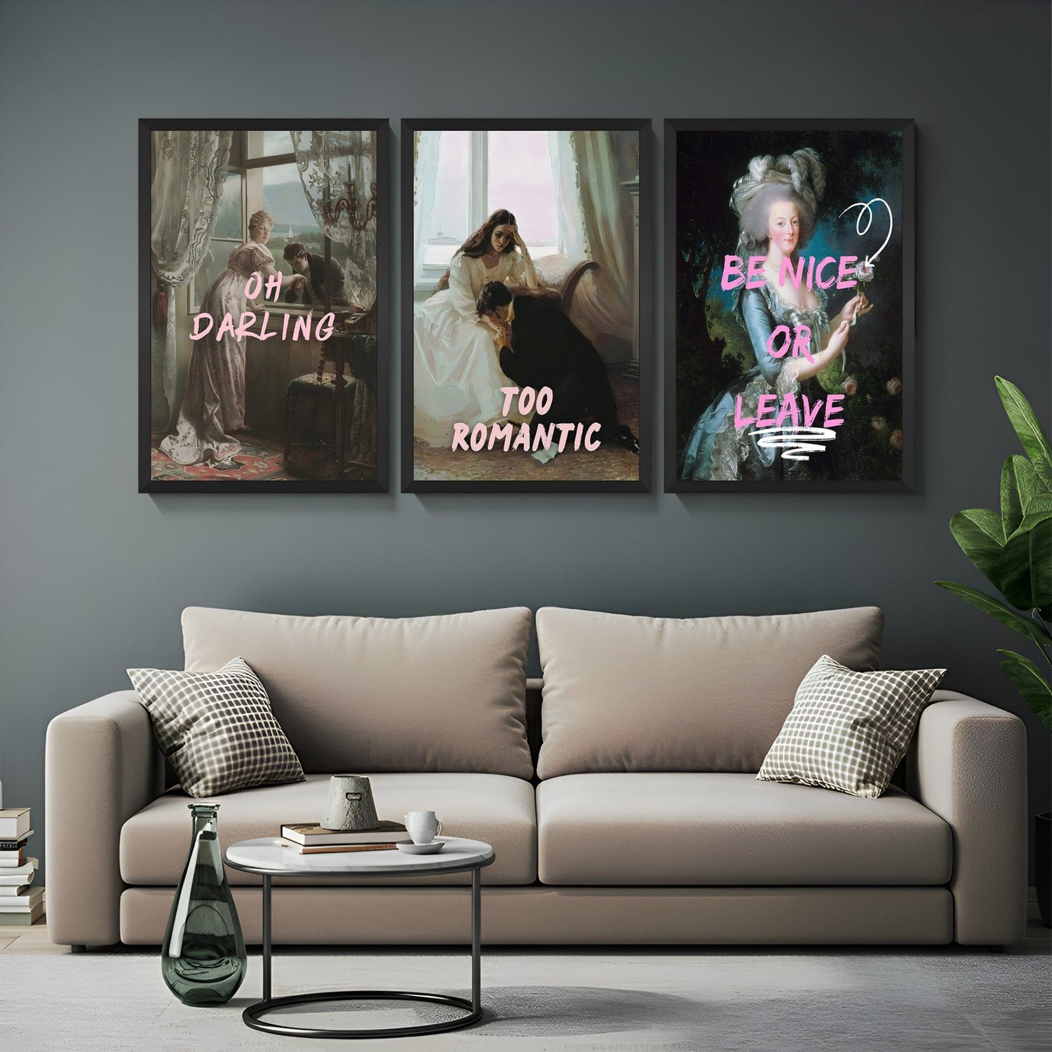 Wall display of a set of 3 romantic and sassy altered art prints, showing love, humor, and bold quotes for modern interior styling and expressive wall decor