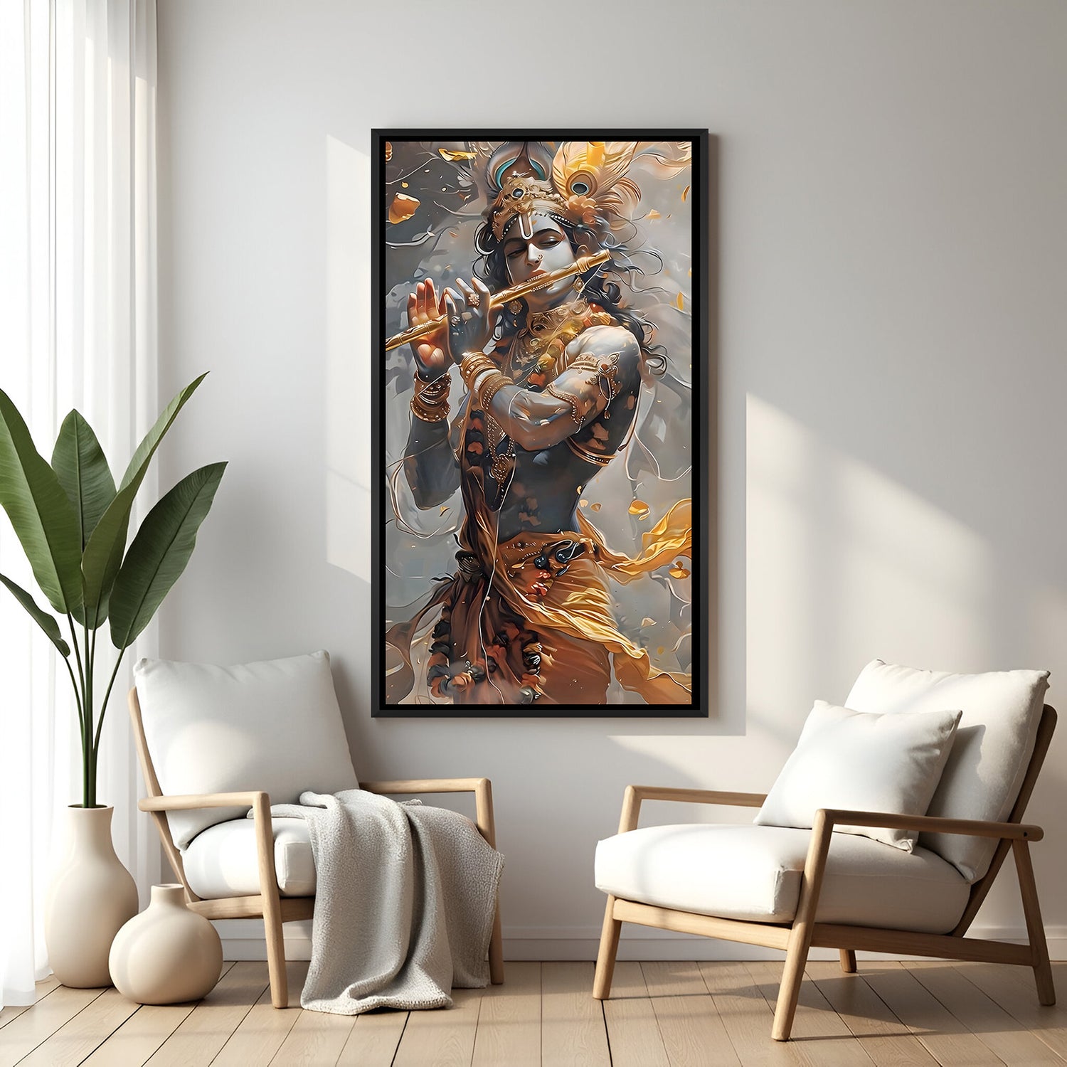 Krishna flute oil painting with golden crown in elegant black floater frame luxury spiritual canvas decor