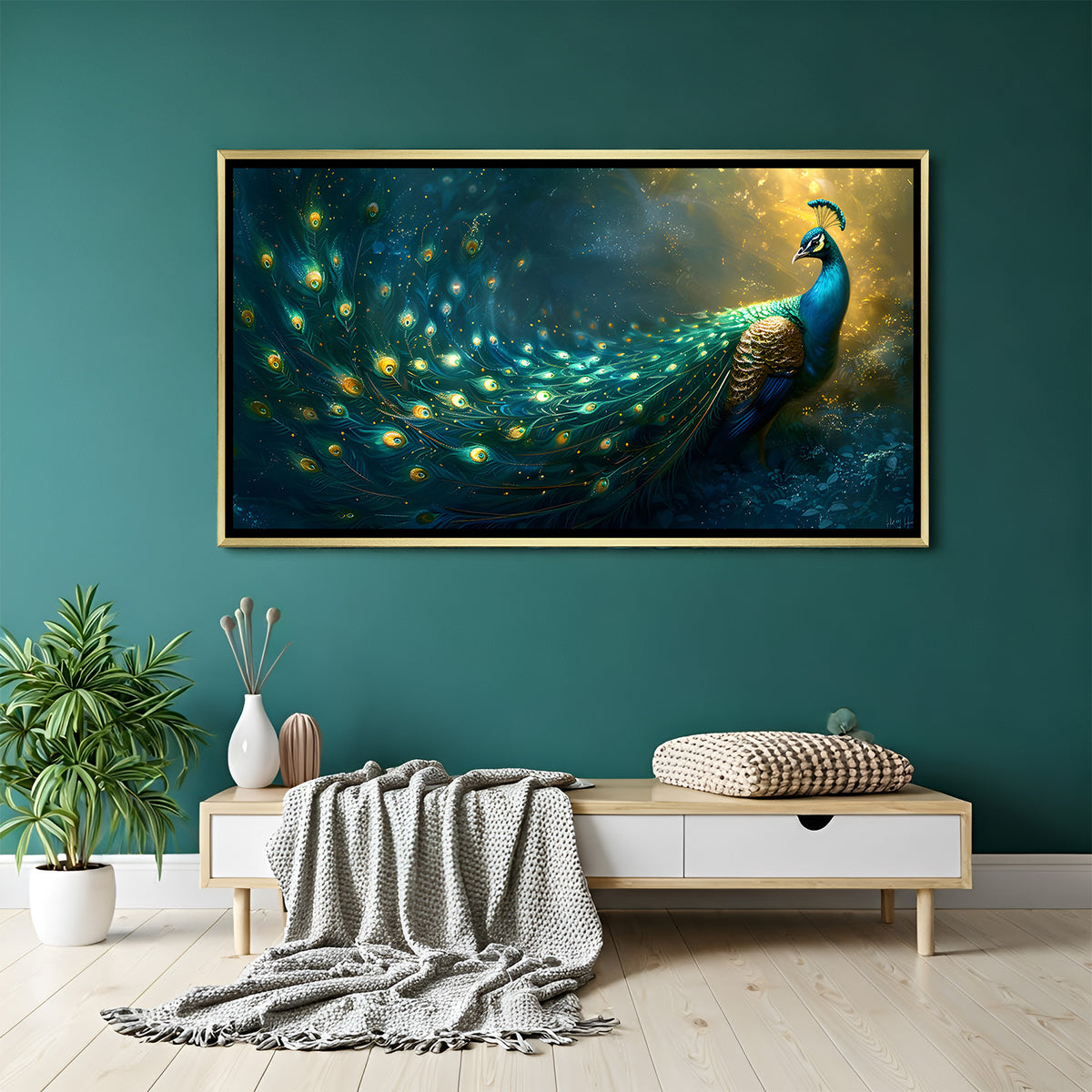 Panoramic peacock artwork in a gold floater frame featuring cascading emerald tail feathers illuminated by soft glowing light accents.