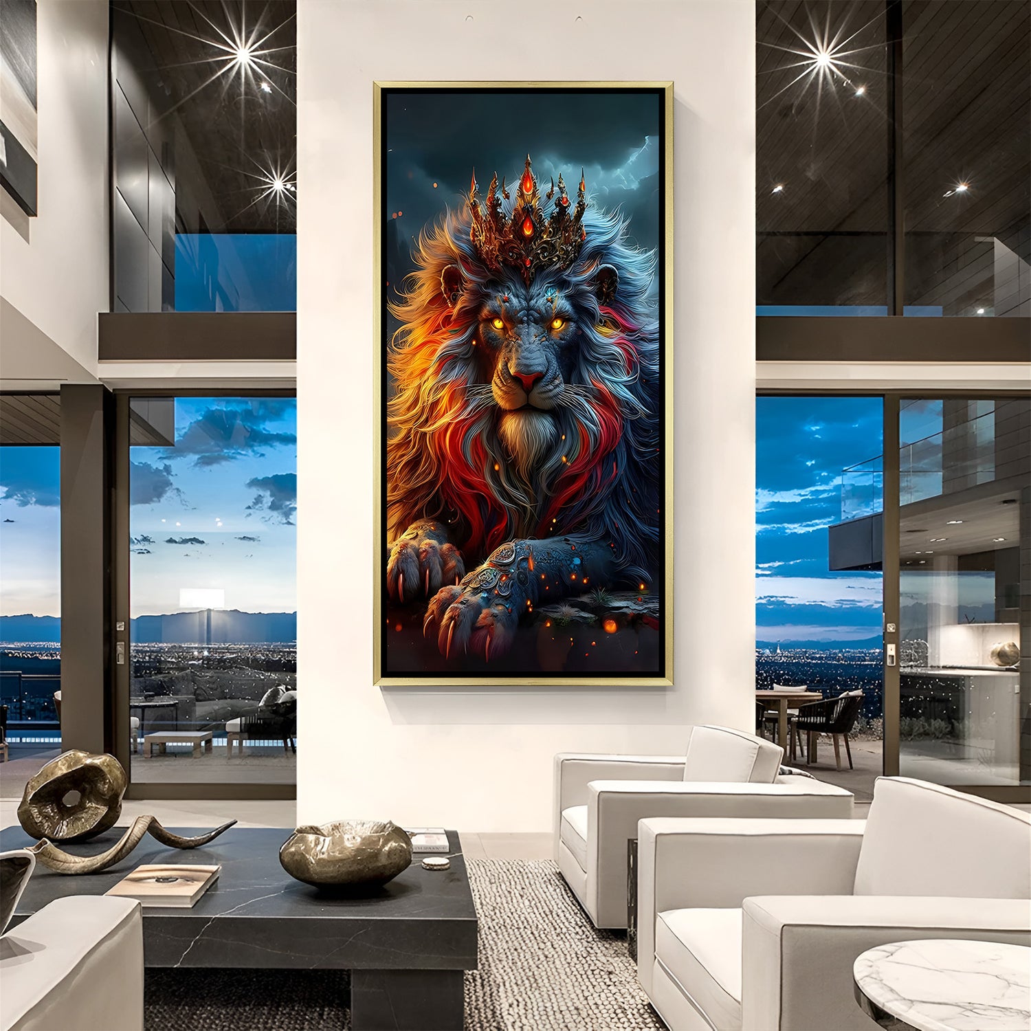 Royal lion wall painting in golden floater frame for luxury decor