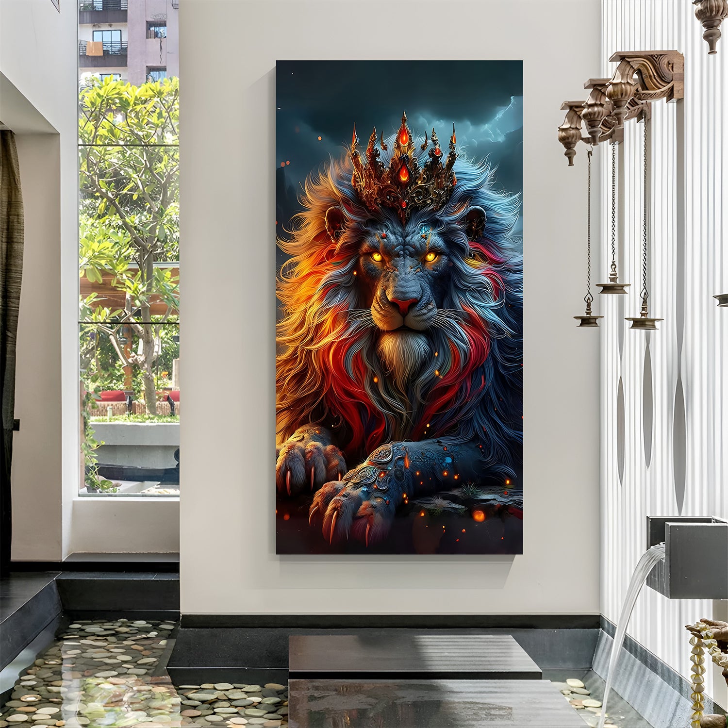Royal lion wearing a crown canvas wall art displayed on modern wall