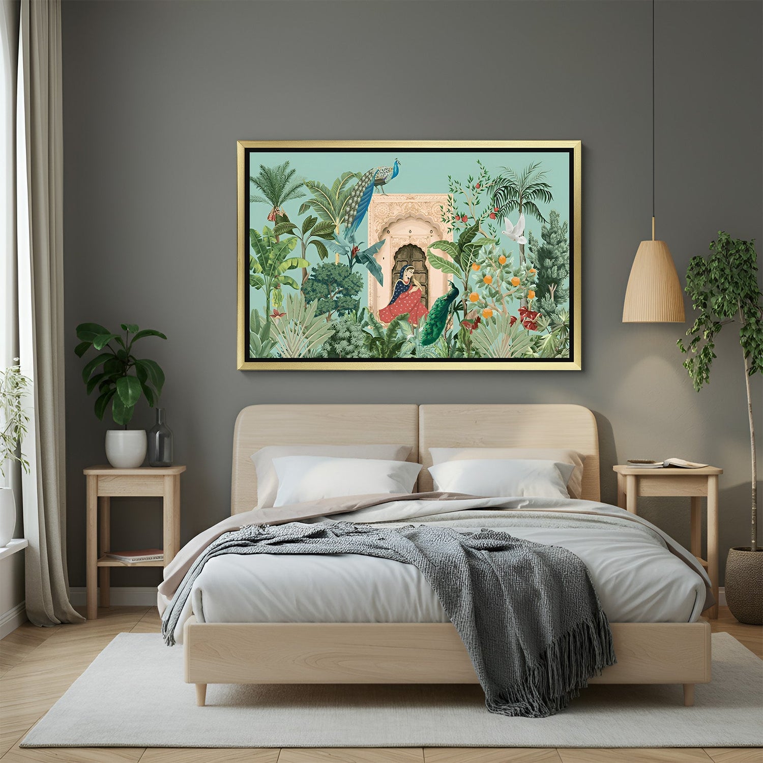 Golden framed canvas painting of Mughal royalty for sophisticated Indian-style wall decoration