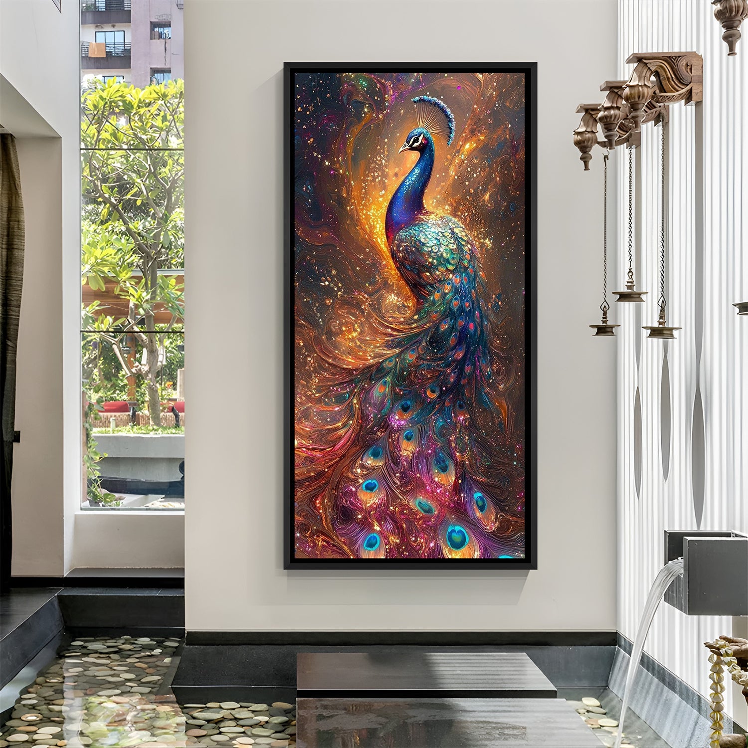 Majestic peacock canvas painting in sleek black floater frame, premium HD print ideal for contemporary living room and luxury interior decoration.