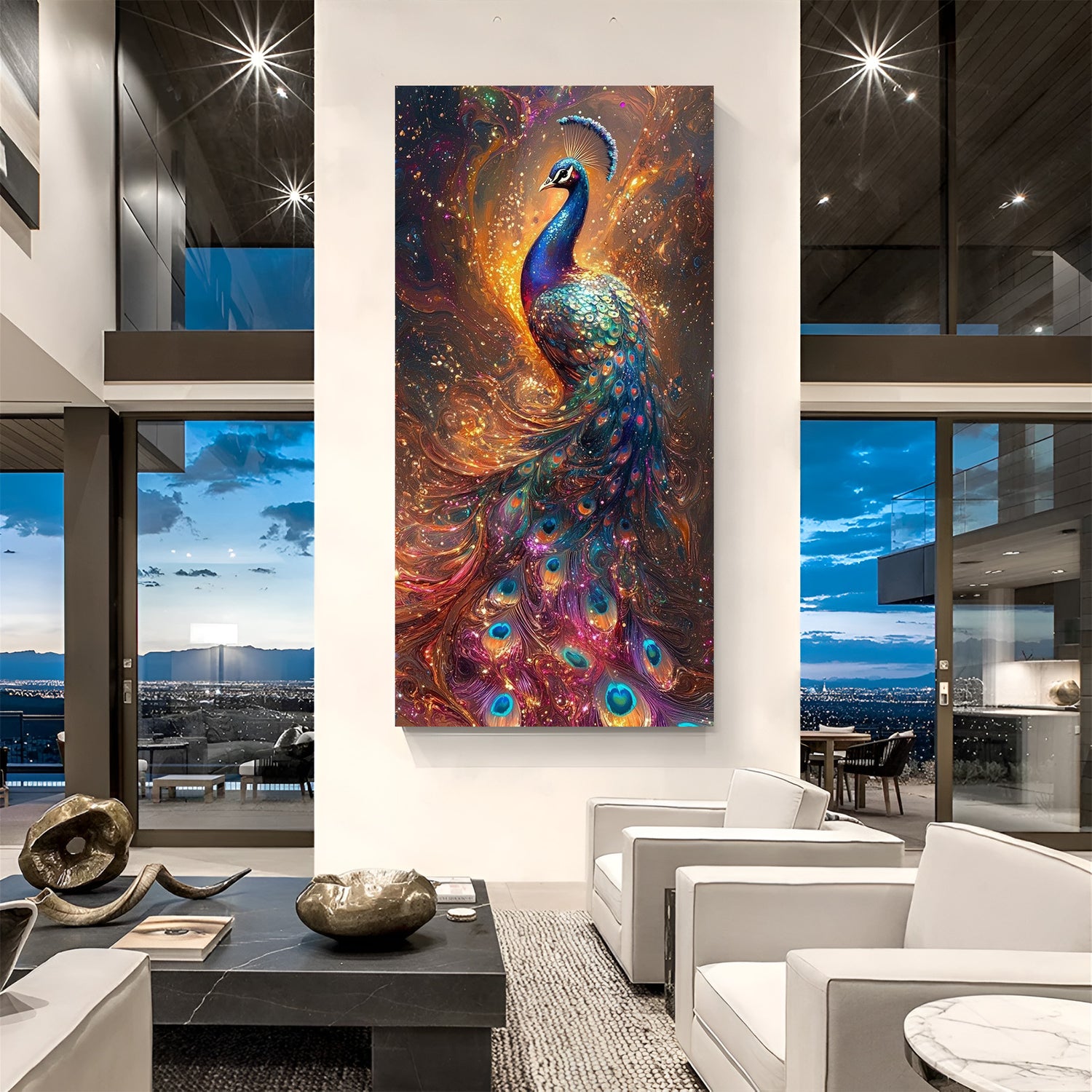 Royal peacock canvas wall art in canvas wrapped style, featuring vibrant feather detailing and rich color tones for elegant modern home decor.