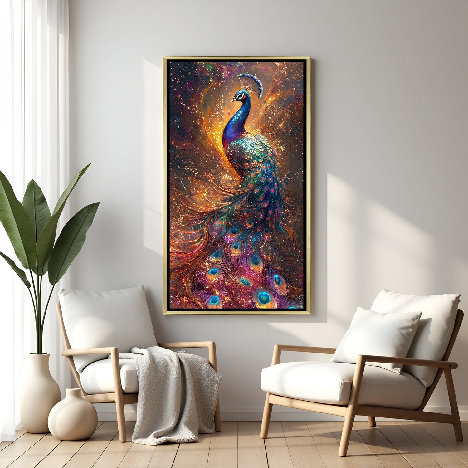 Beautiful peacock canvas wall art in luxurious golden floater frame, artistic premium decor piece for hallways, bedrooms, and vastu-positive home design.