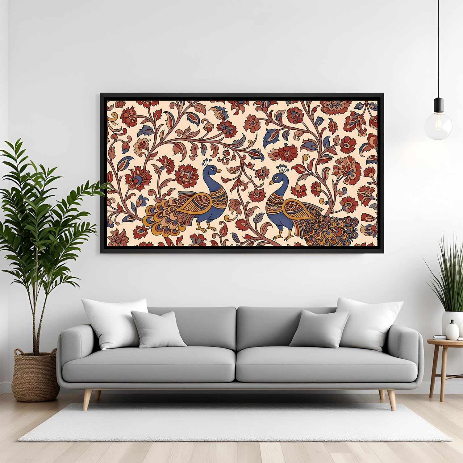 Royal Peacock Kalamkari Indian canvas artwork in premium black floater frame