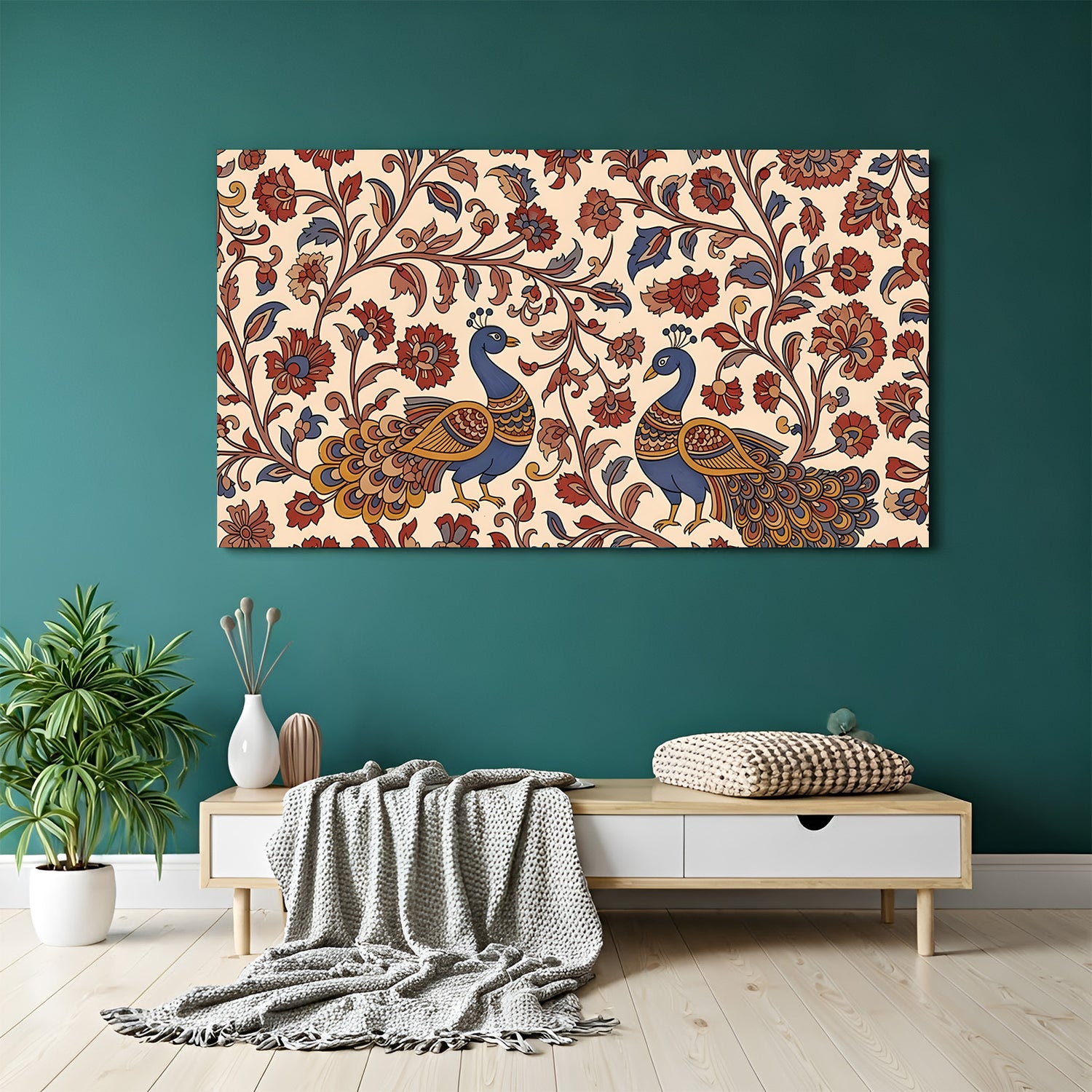 Royal Peacock Kalamkari canvas painting with traditional Indian artwork in canvas wrapped frame