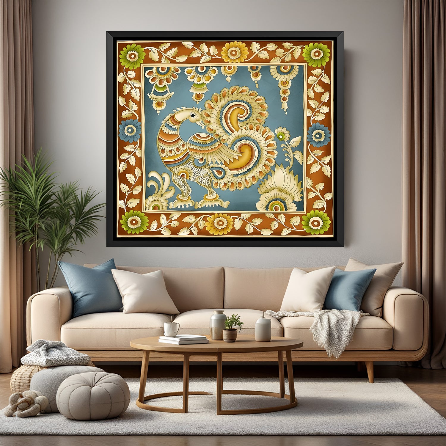 Peacock Kalamkari wall painting in elegant black floater frame for luxury ethnic interiors