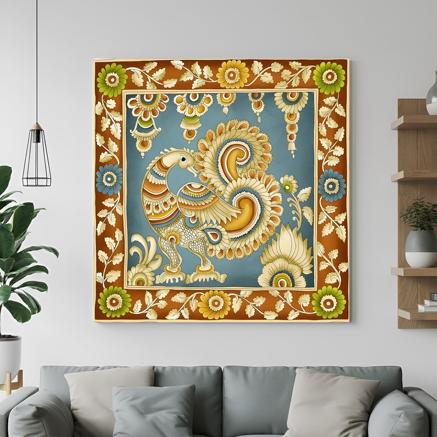 Royal peacock Kalamkari canvas wall art in premium canvas wrapped frame with intricate traditional detailing