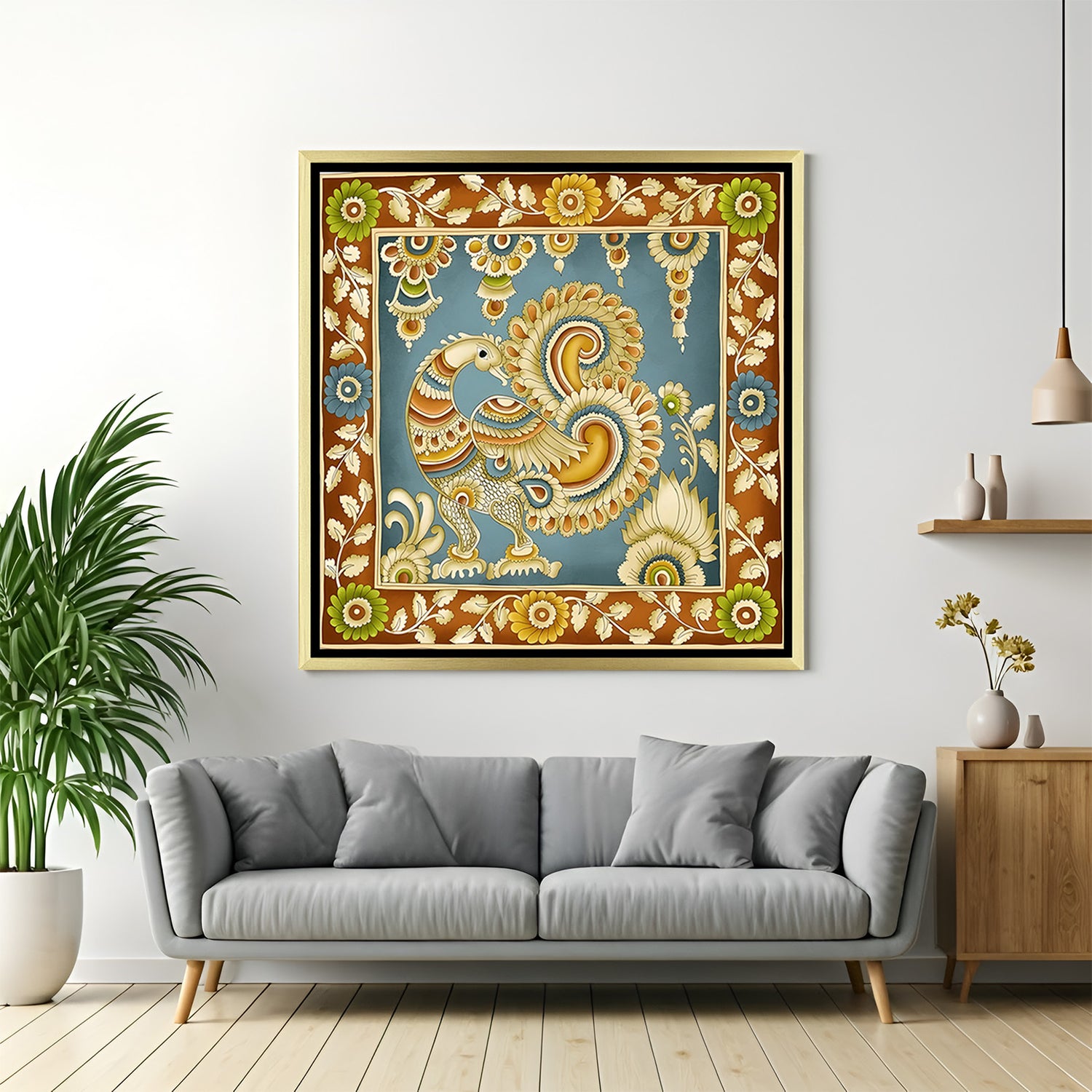 Luxury peacock Kalamkari artwork in golden floater frame with handcrafted Indian design