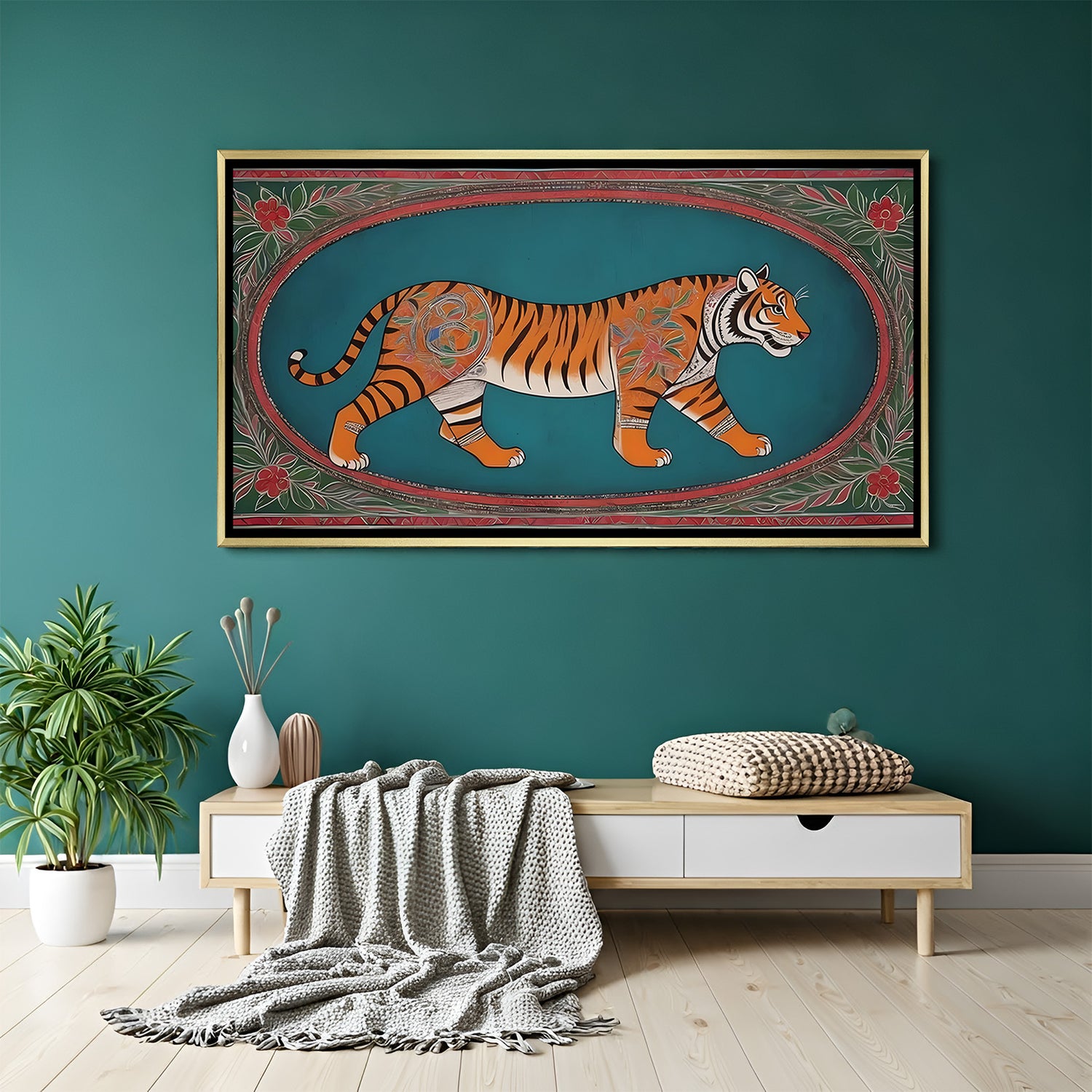 Luxury tiger Kalamkari artwork in golden floater frame with intricate traditional Indian design