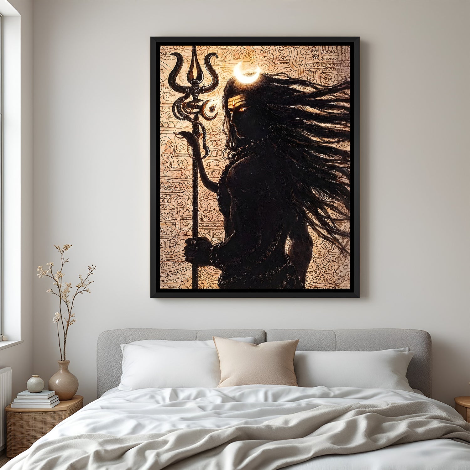 Dramatic Mahadev silhouette with trishul on textured background in elegant black floater frame