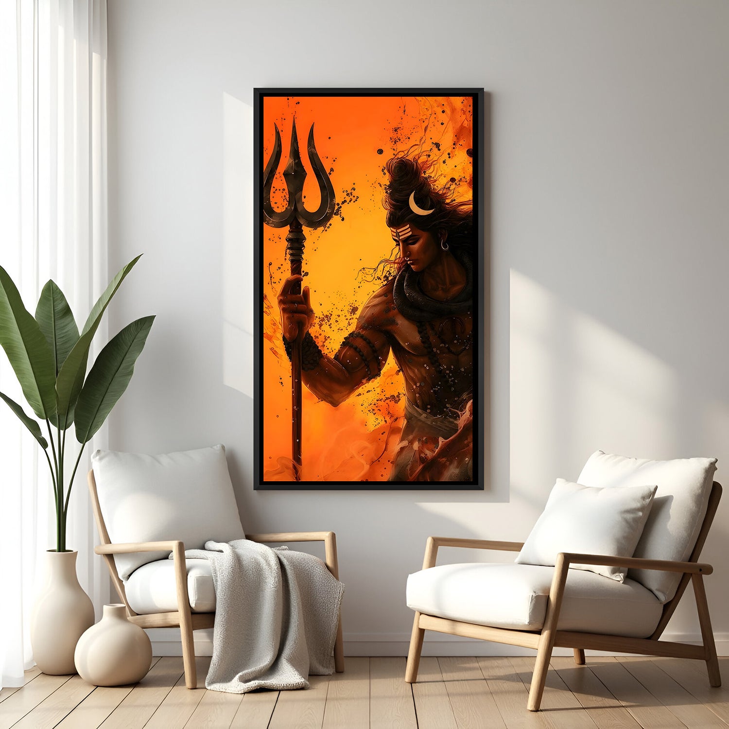 Rudra Shiva vertical portrait with trishul in black floater frame bold spiritual wall art India