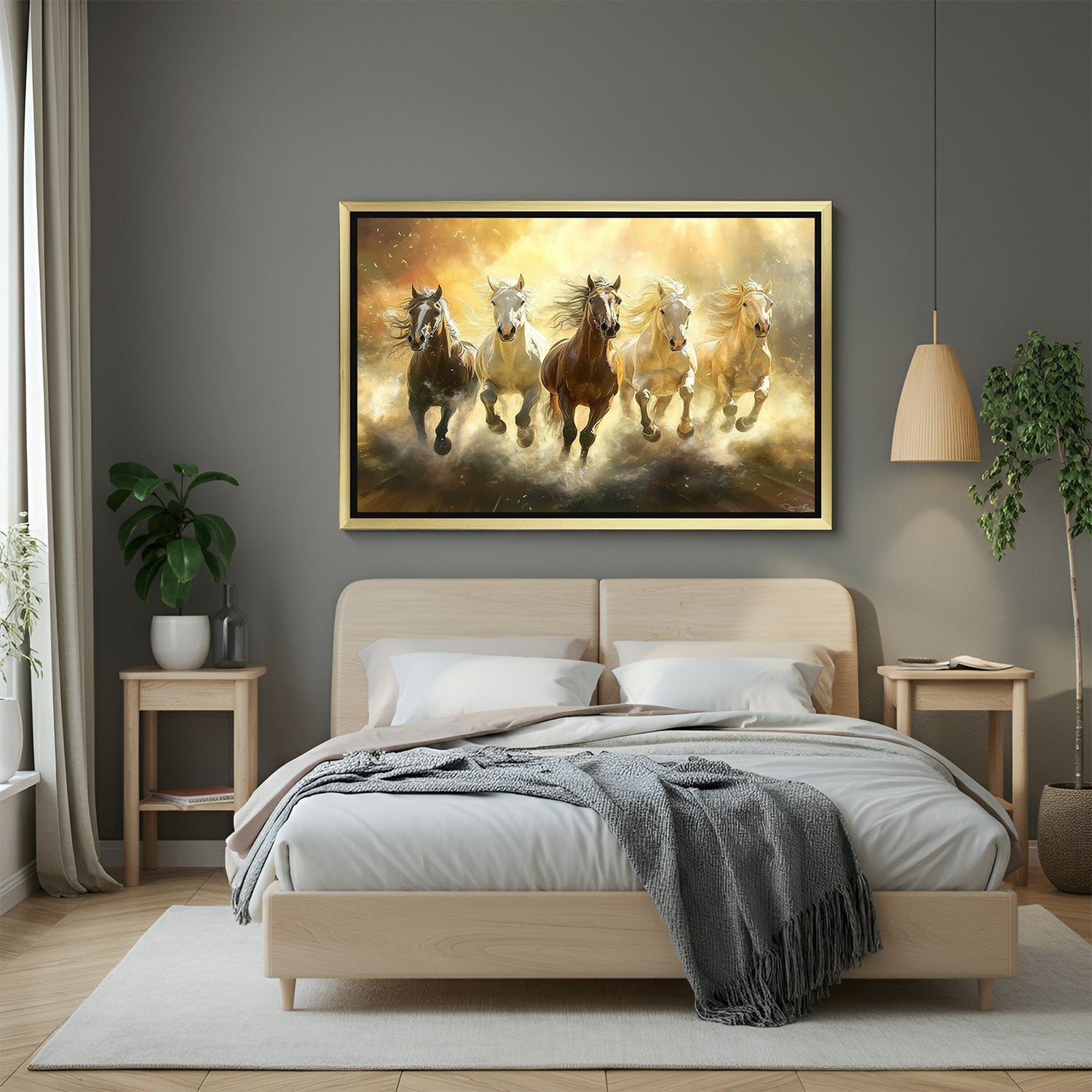 Golden frame five horses vastu painting symbolizing victory, confidence, and prosperity for home or office walls