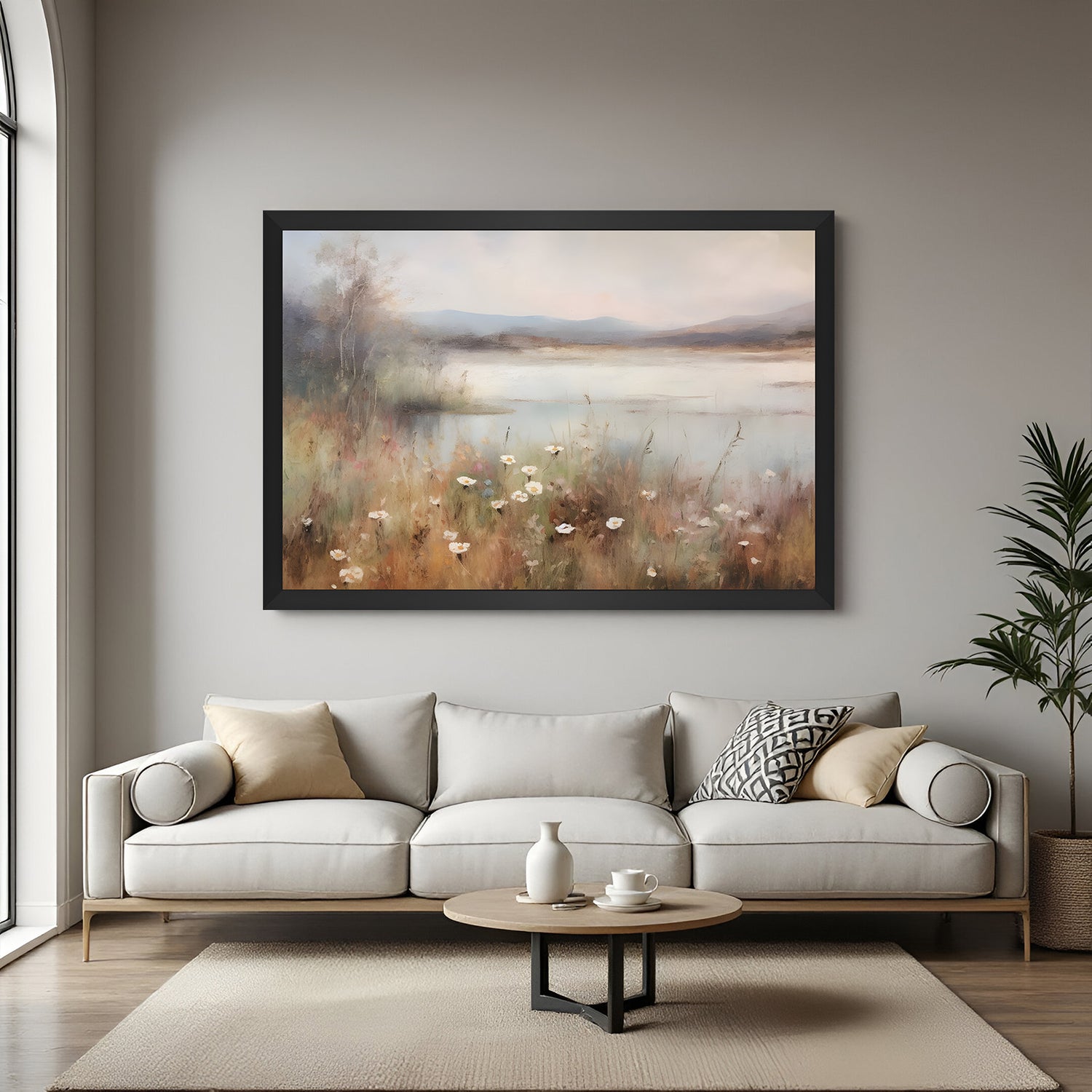 Black-framed wall art of vintage flowers and pond in soft ancient tones—floral rustic canvas decor