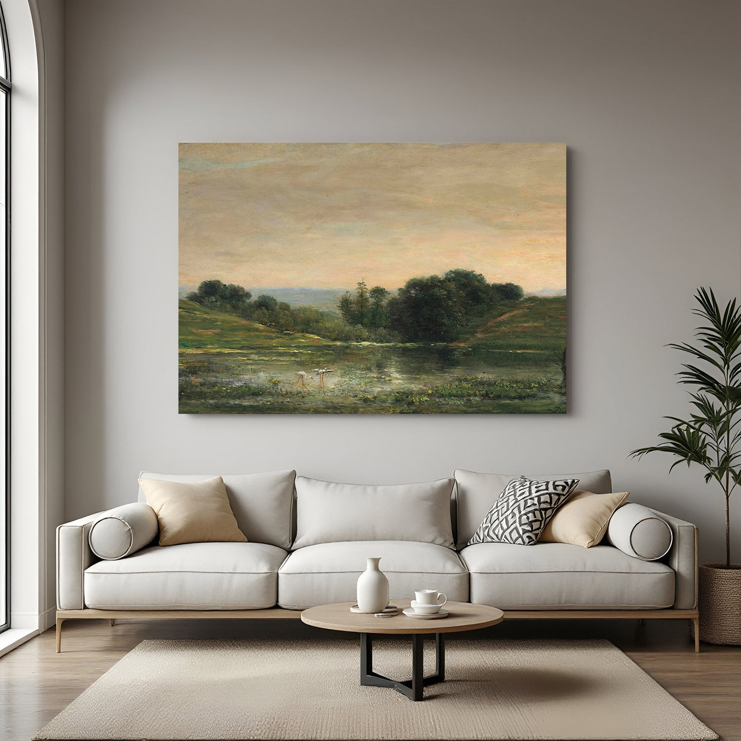 Vintage canvas wall art of nature landscape with greenery and rustic aged texture—classic peaceful scene