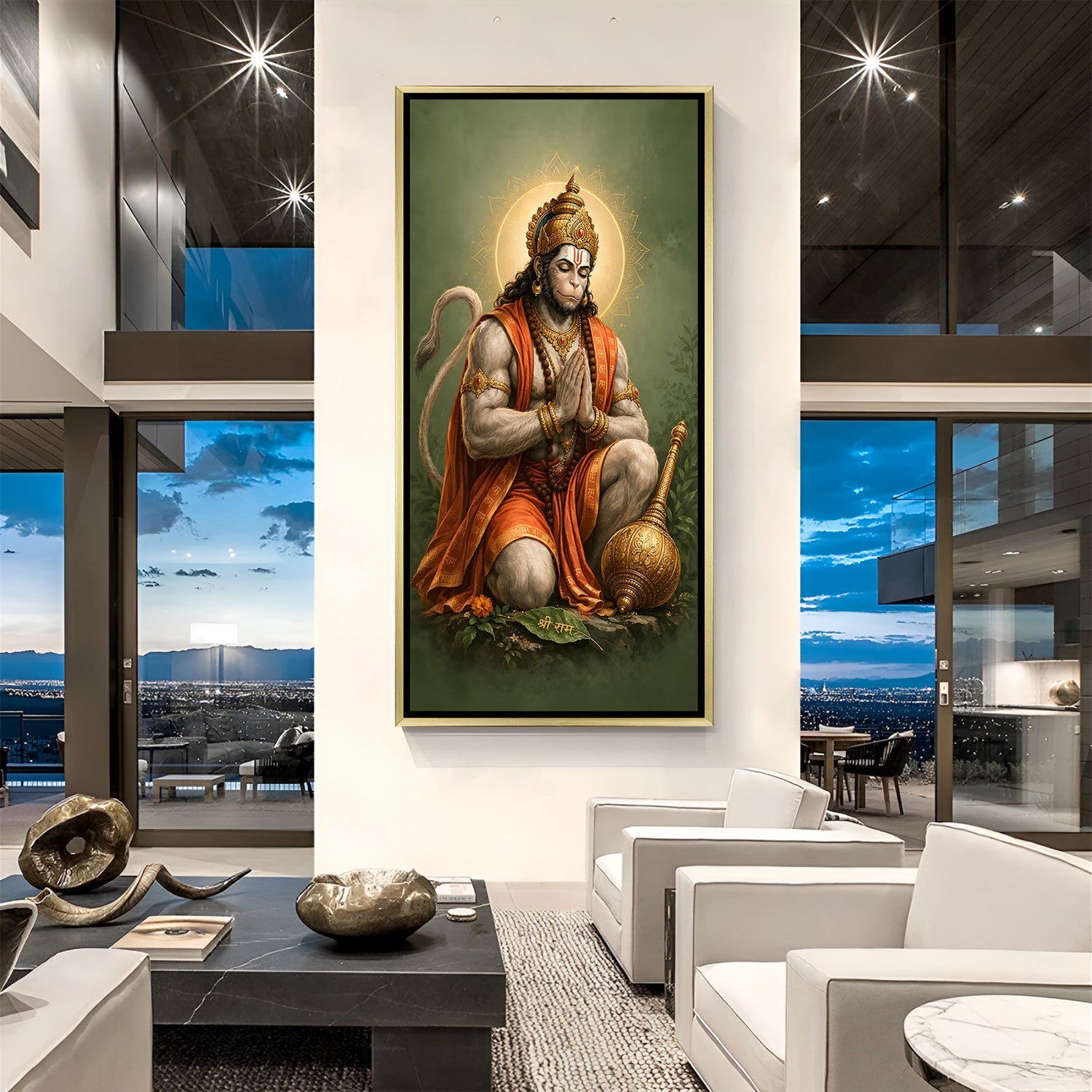 Sacred Benediction Hanuman painting in luxury golden floater frame with divine halo background