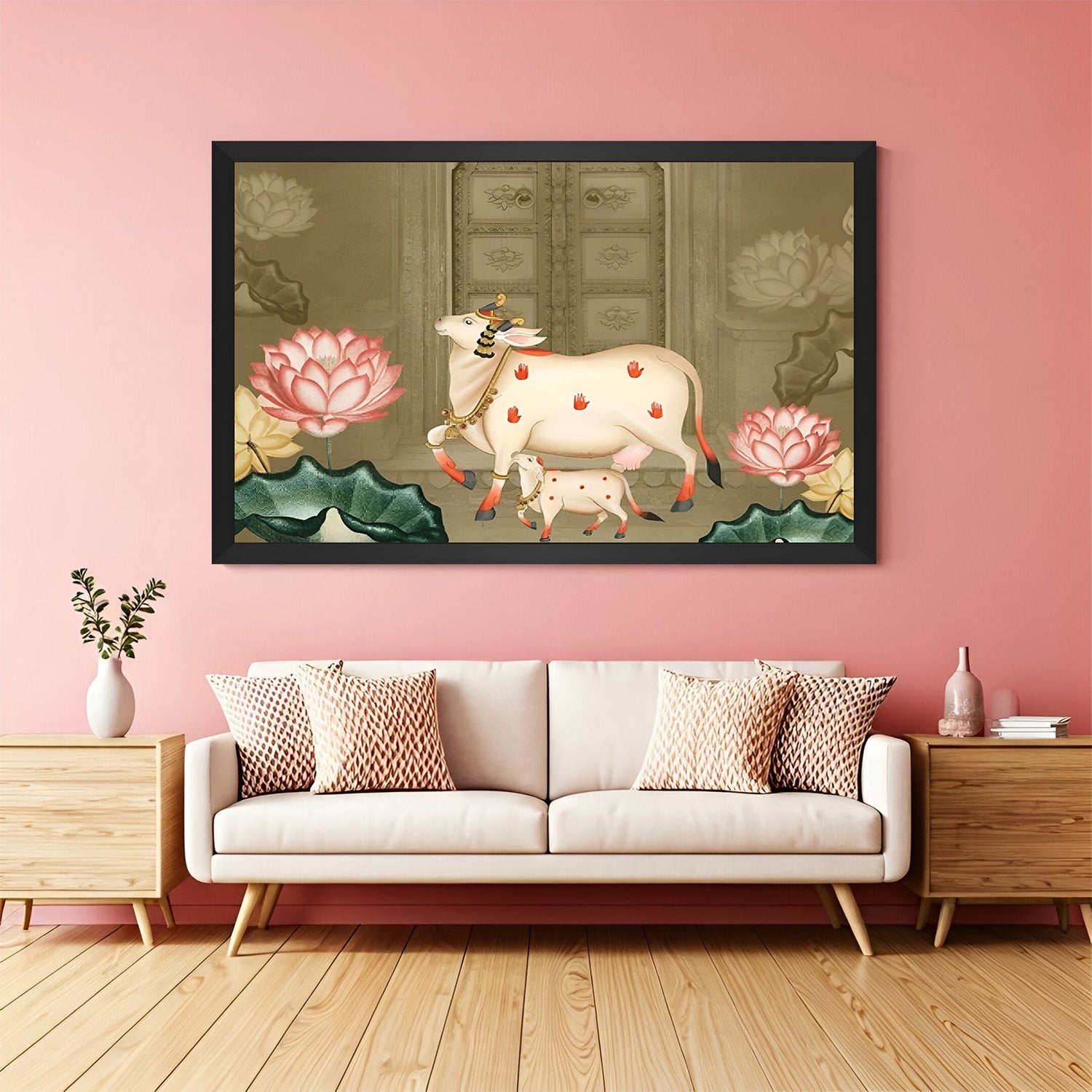 Black floater frame Pichwai cow and calf painting for calm and ethnic-inspired spaces