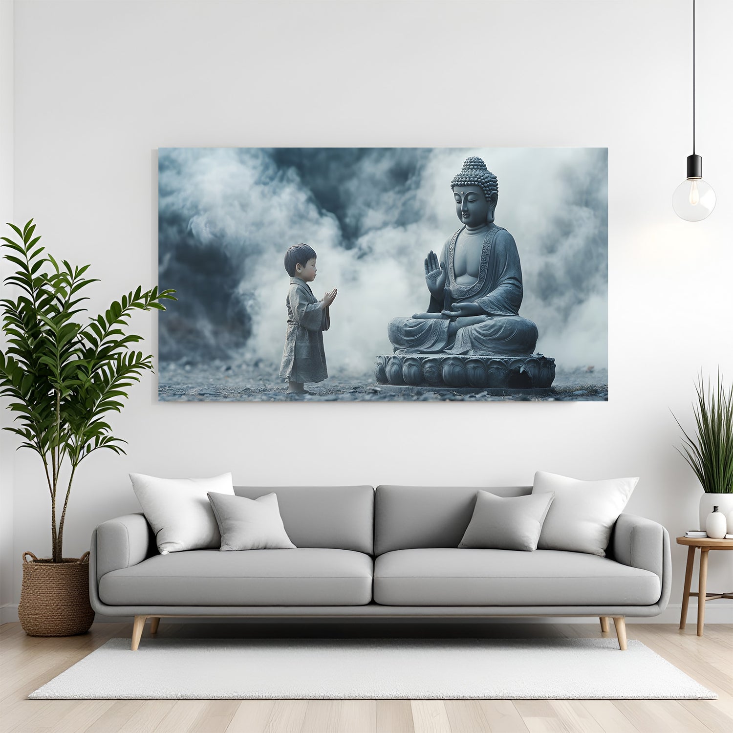 Panoramic Buddha and child wall art in canvas wrapped frame showing a young boy praying before a seated Buddha statue in mist.