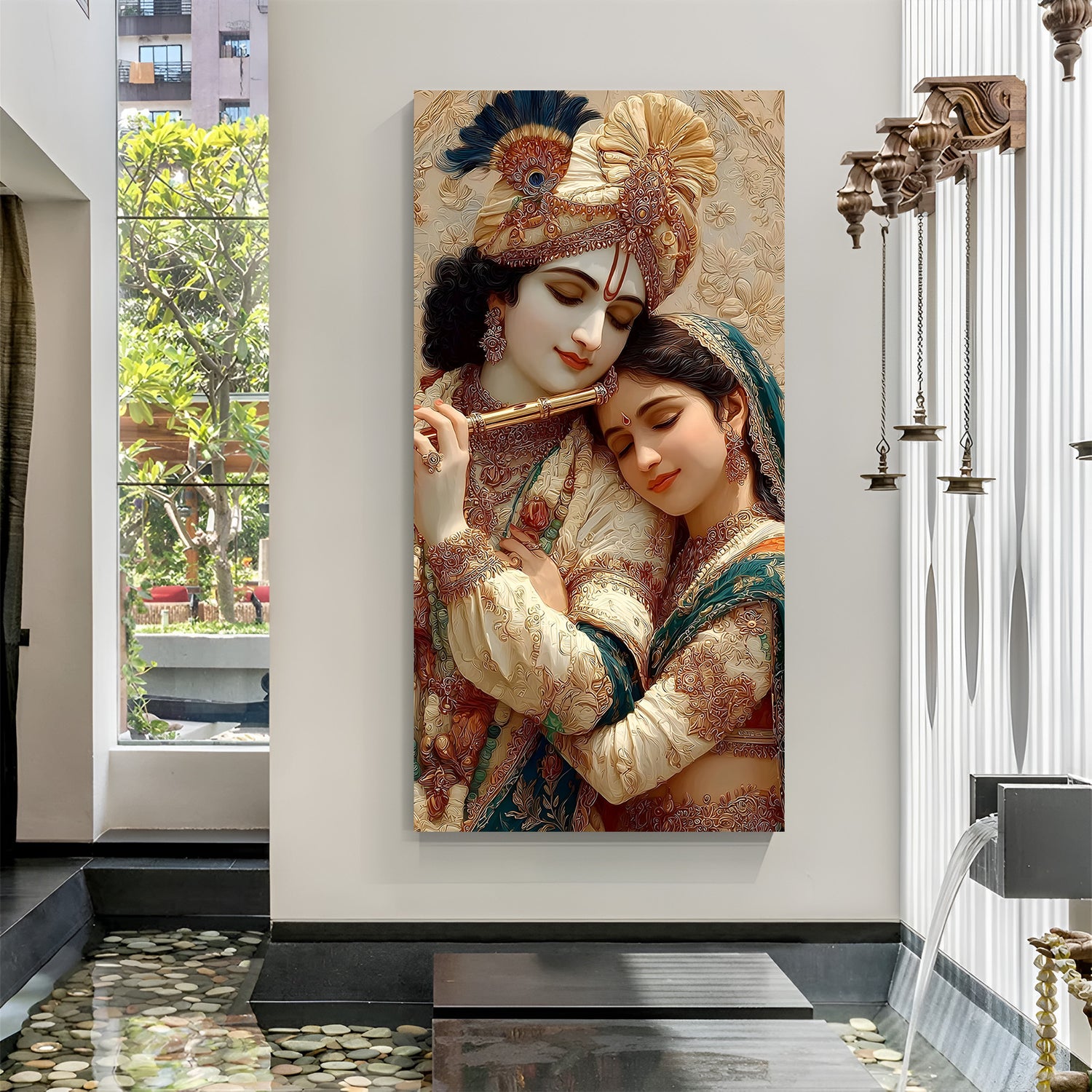 Vertical Radha Krishna devotional canvas showing intimate divine embrace with golden detailing.