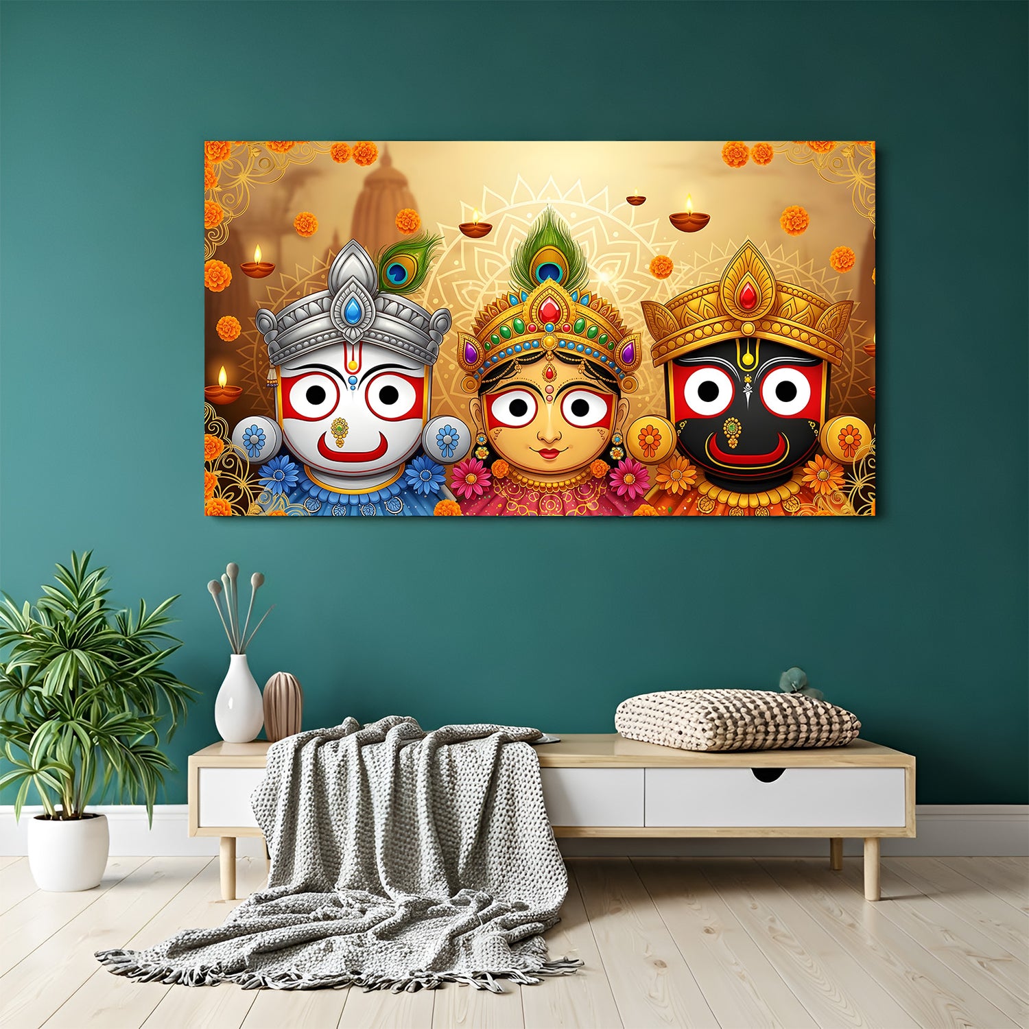 Jagannath Balabhadra Subhadra festival wall art canvas wrapped for living room decor.