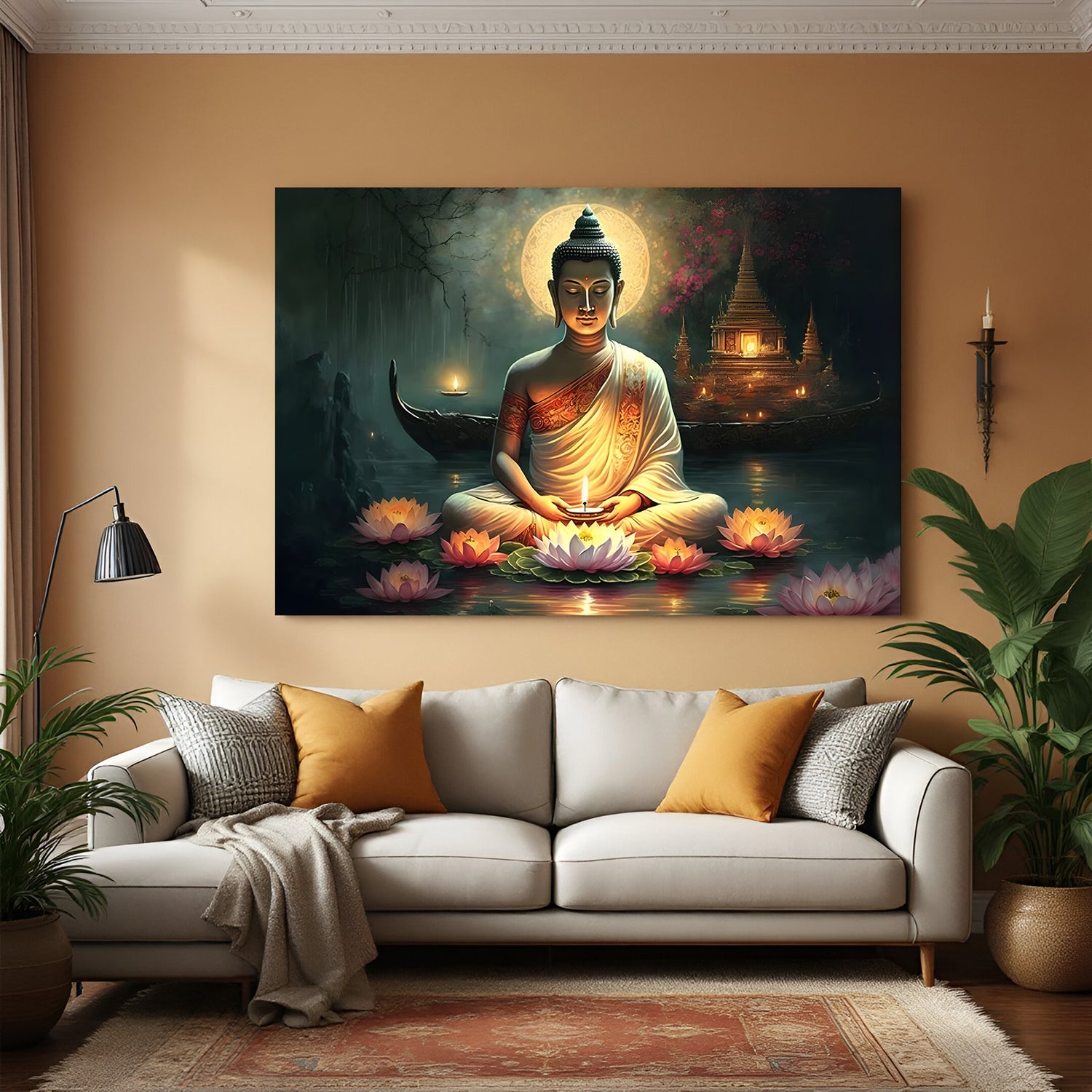 Sacred Lotus Buddha canvas painting with temple meditation artwork in canvas wrapped frame