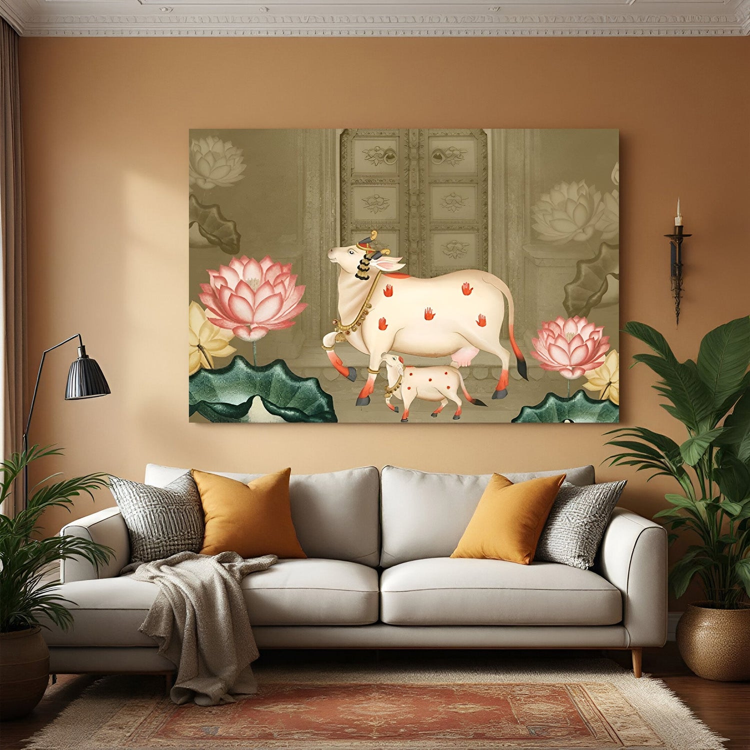 Sacred Pichwai canvas featuring cow and calf for peaceful and divine Indian decor