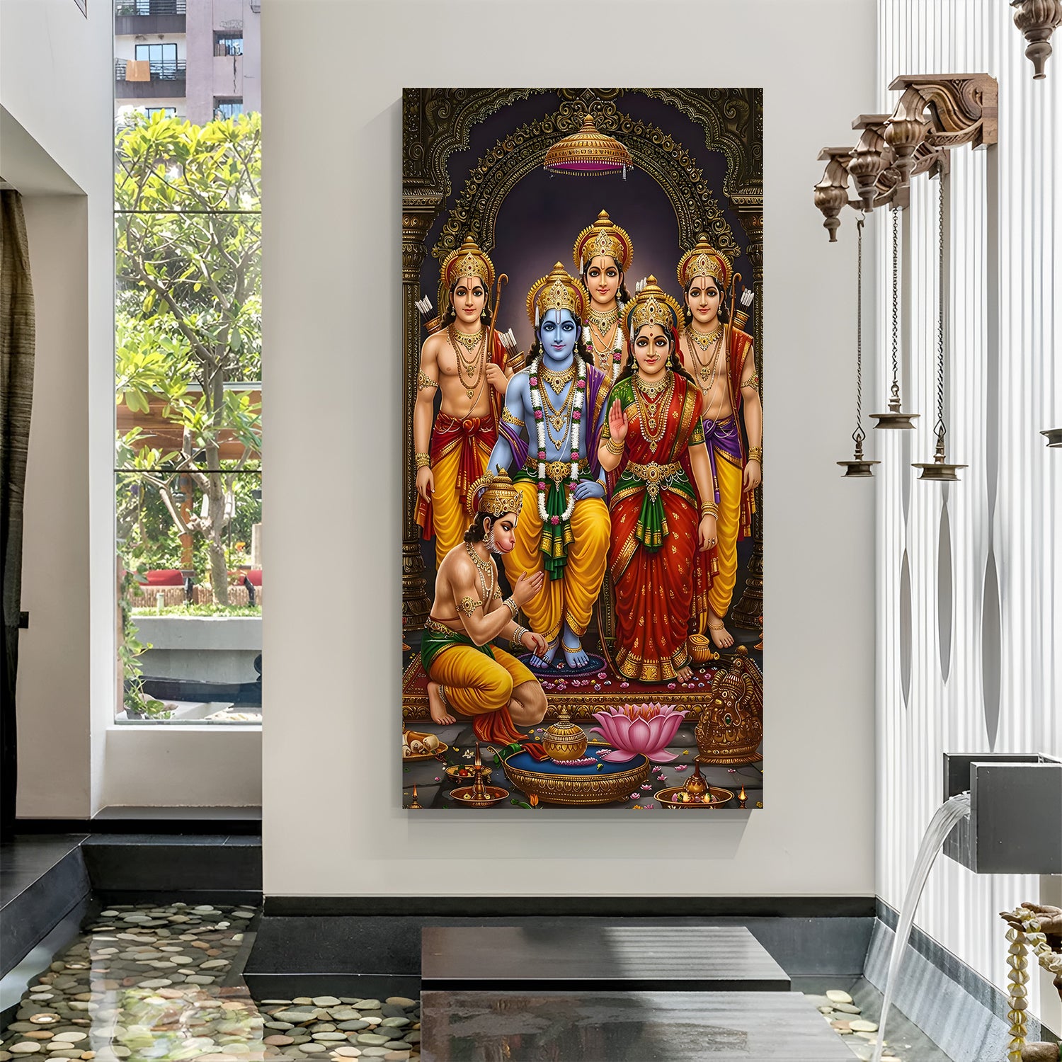 Ram Darbar canvas wall art featuring Lord Rama Sita Lakshmana and Hanuman in an ornate divine setting
